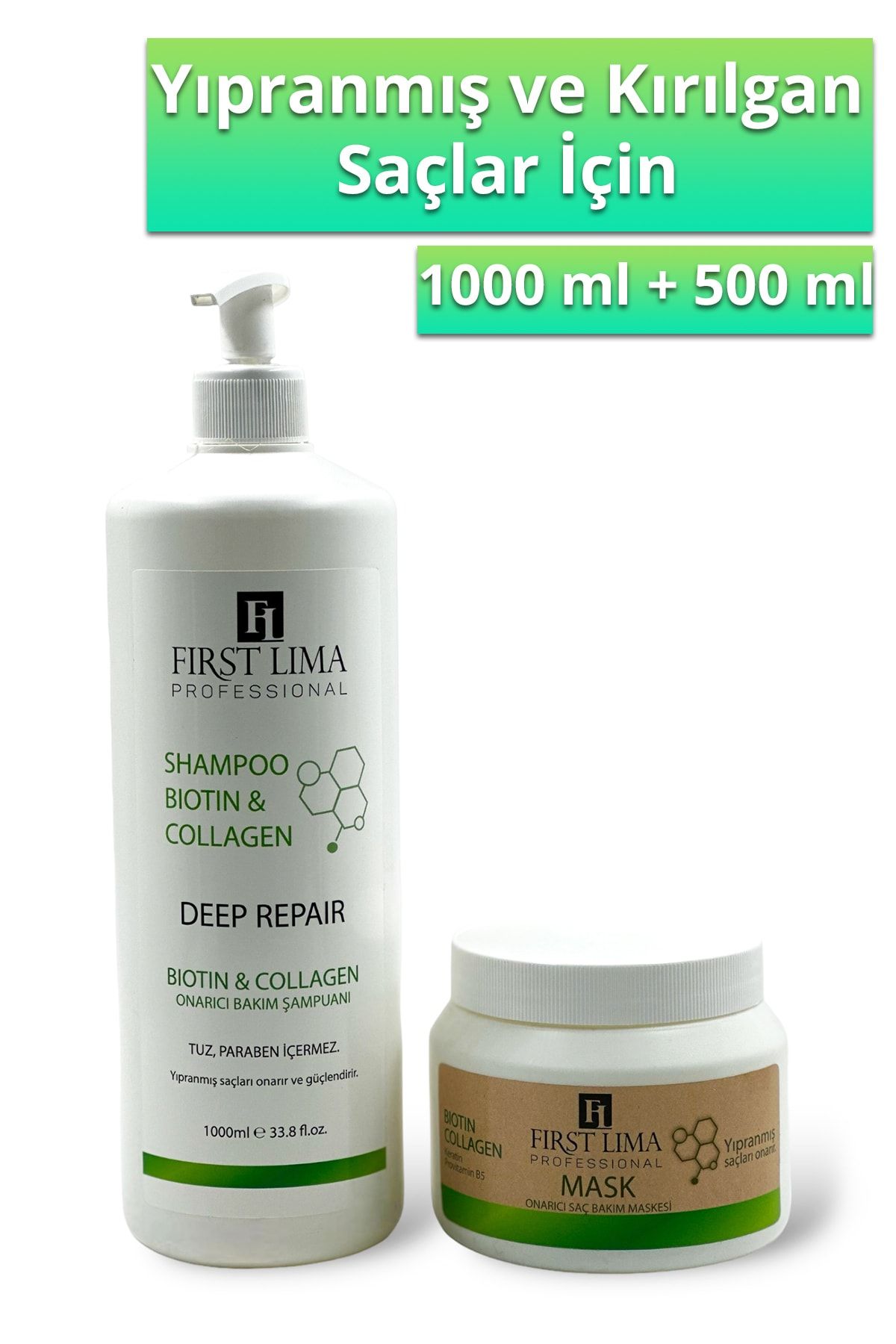 First Lima Professional Yıpranmış Saçlar Için Tuzsuz Onarıcı Biotin & Collagen Şampuanı Ve Saç Bakım Maskesi 1000 Ml