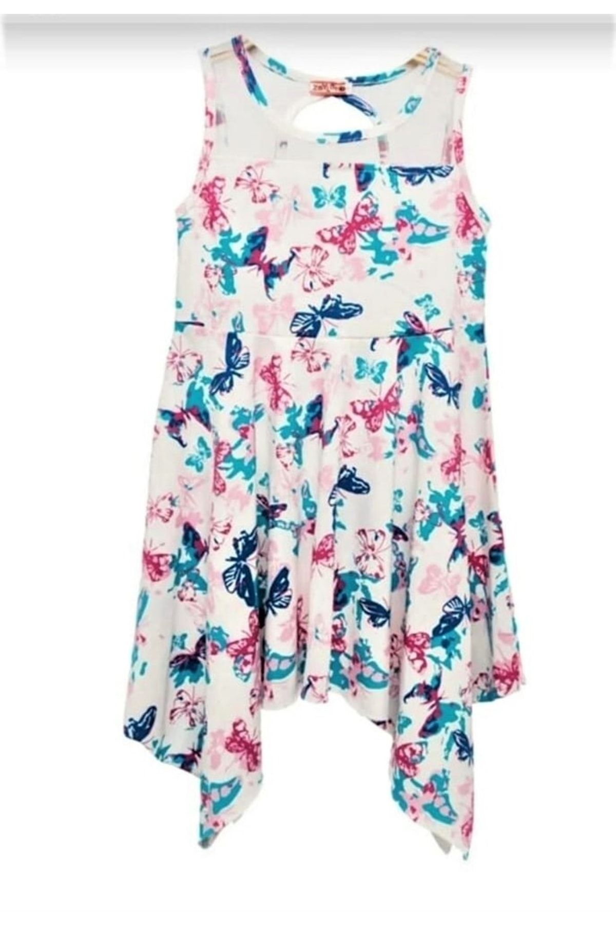 Zeyland Kız Çocuk %100 Pamuk&cotton Ekru Renk Üzeri Kelebekli Yazlık Tül Deyatlı Elbise
