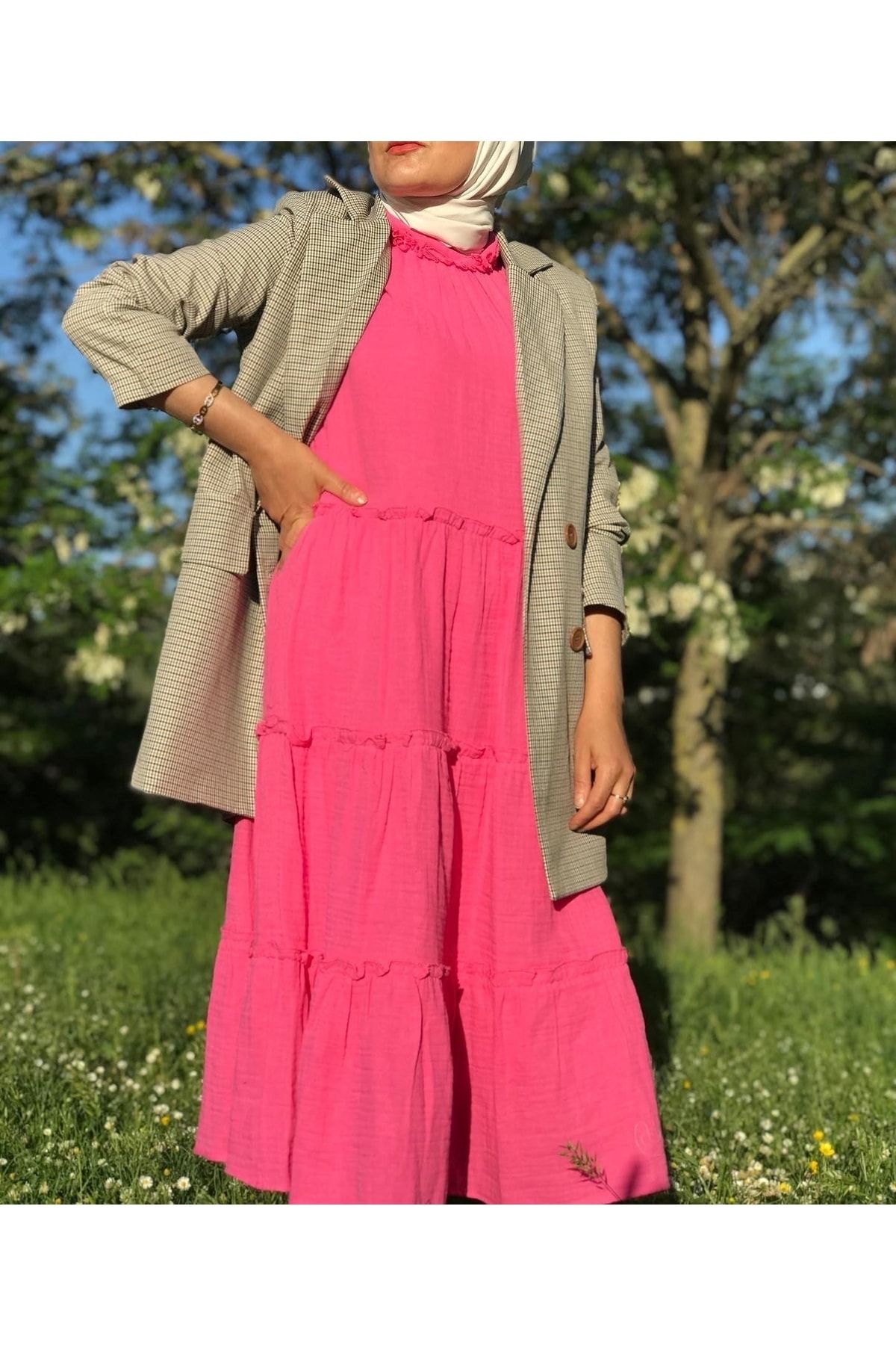 Batik Kadın Fuşya Ense Kurdelalı Tasarım Müslin Elbise