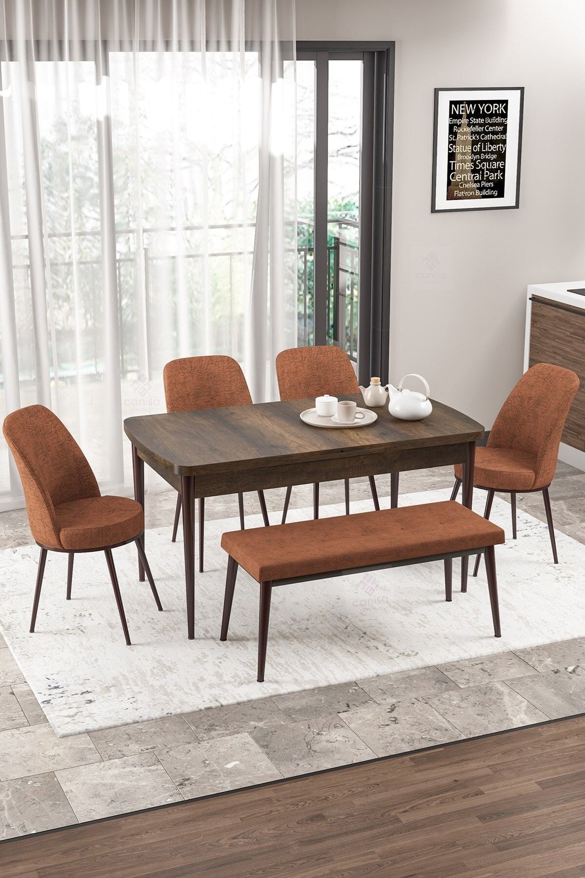 Canisa Concept Via Serisi Barok Ahşap Desen Mutfak Masası Takımı 4 Kiremit Sandalye,1 Pera Bench