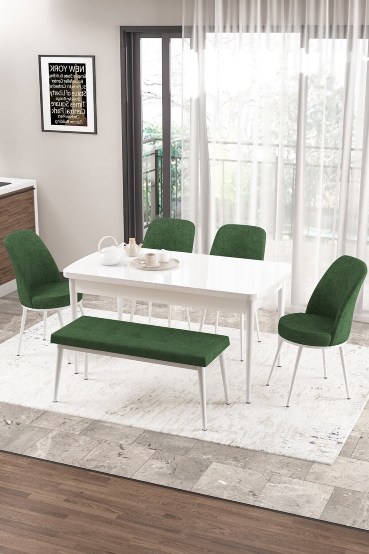 Canisa Concept Zen Serisi Bench'li, 80x132, Açılabilir Mdf Mutfak Masası Takımı, Beyaz Masa, Haki Yeşil