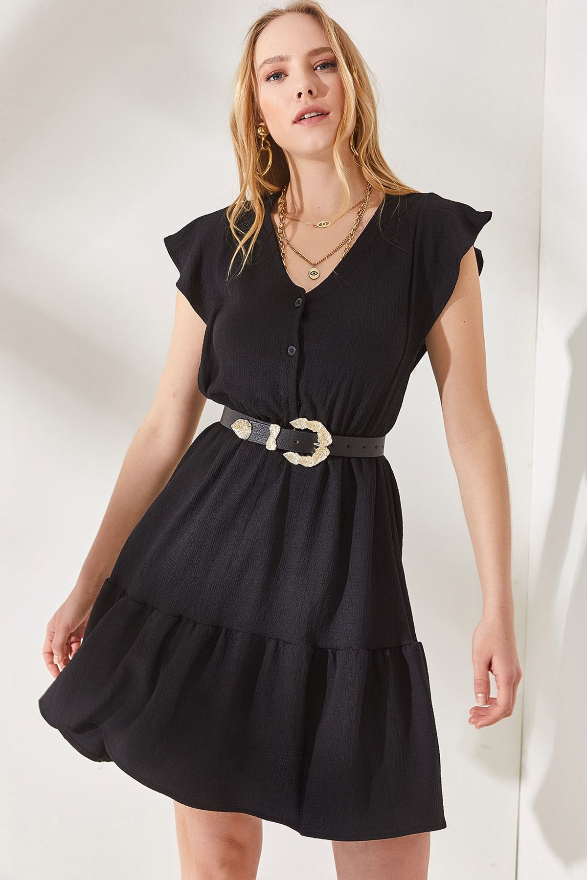 Olalook Kadın Siyah Kolu Fırfırlı Düğmeli Beli Lastikli Mini Elbise ELB-19001864