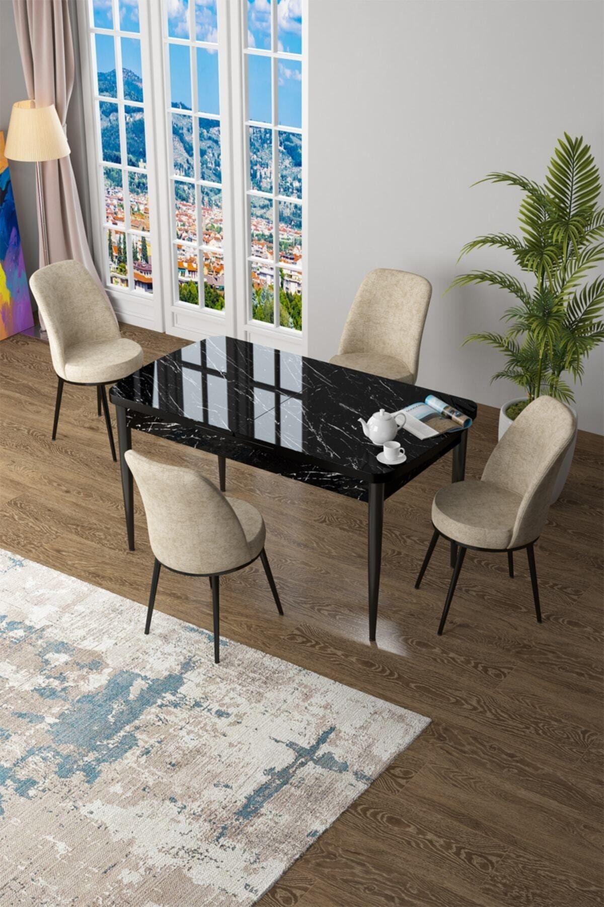 Canisa Concept Zen Serisi Mdf Açılabilir Mutfak Masa Takımı-siyah Masa+ 4 Krem Sandalye