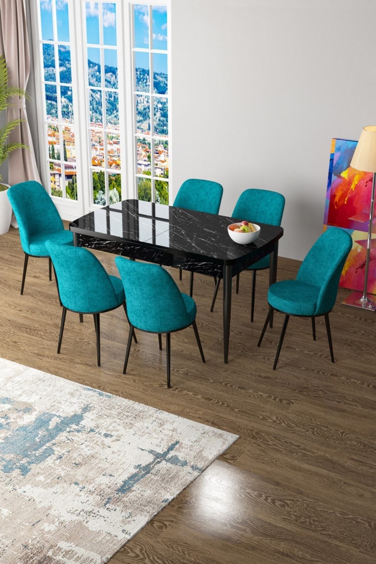 Canisa Concept Zen Serisi Mdf Açılabilir Mutfak Masa Takımı-siyah Masa+ 6 Turkuaz Sandalye