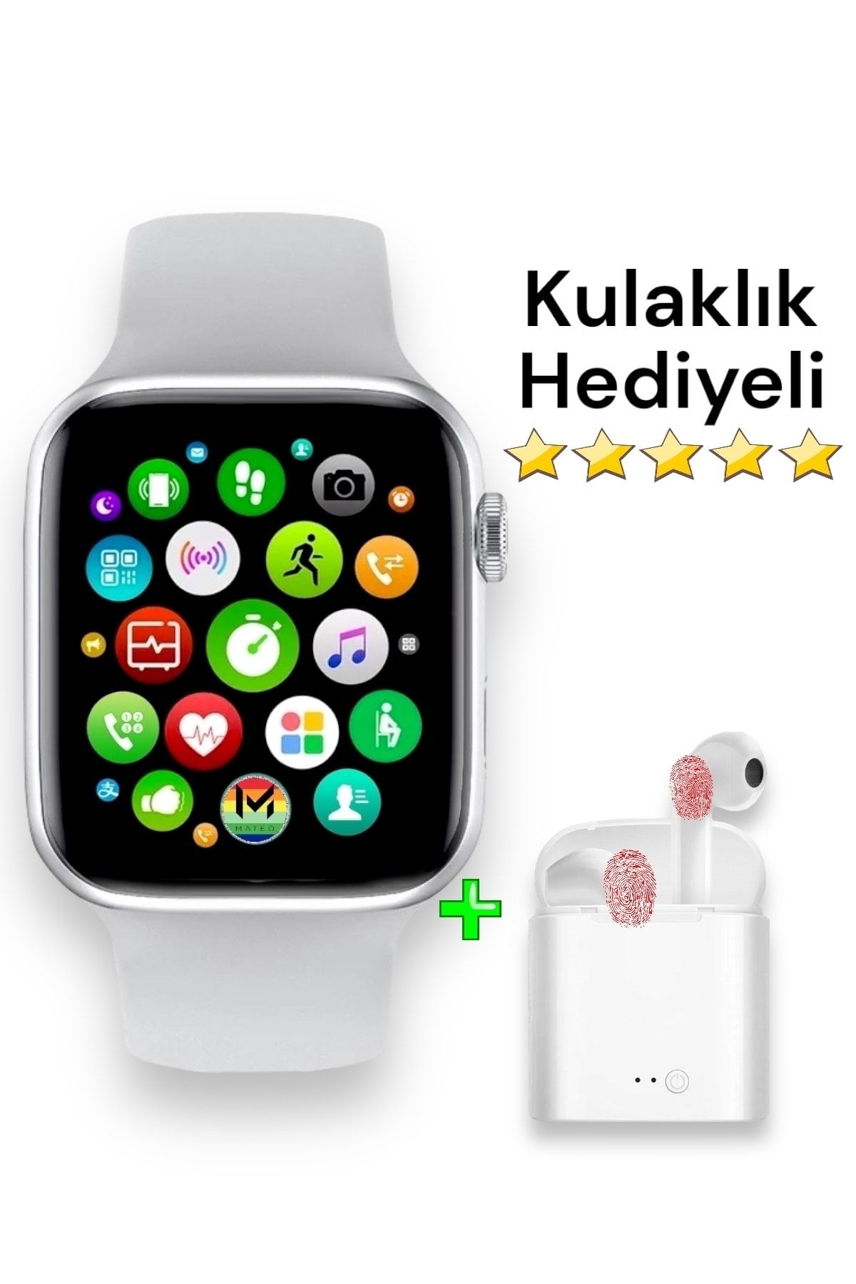 MATEO Akıllı Saat Mt500(i) + Airbuds Mı12 Kablosuz Kulaklık Ikili Siyah + Beyaz Set