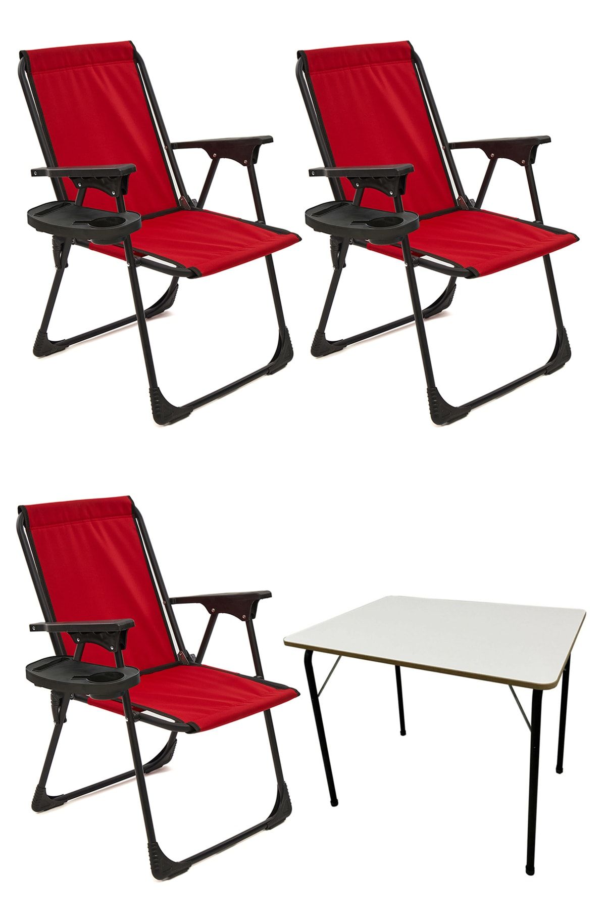 moniev Natura 3 Adet Kamp Sandalyesi Katlanır Piknik Sandalye Oval Bardaklıklı Kırmızı Katlanır Mdf Masa