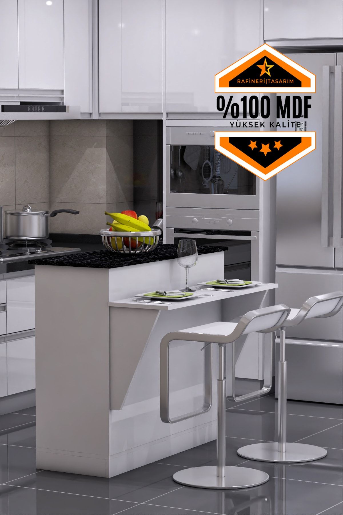 rafineritasarım Mutfak Masası Ada Şeklinde Bar Masa Ile Birlikte Azure Mdf