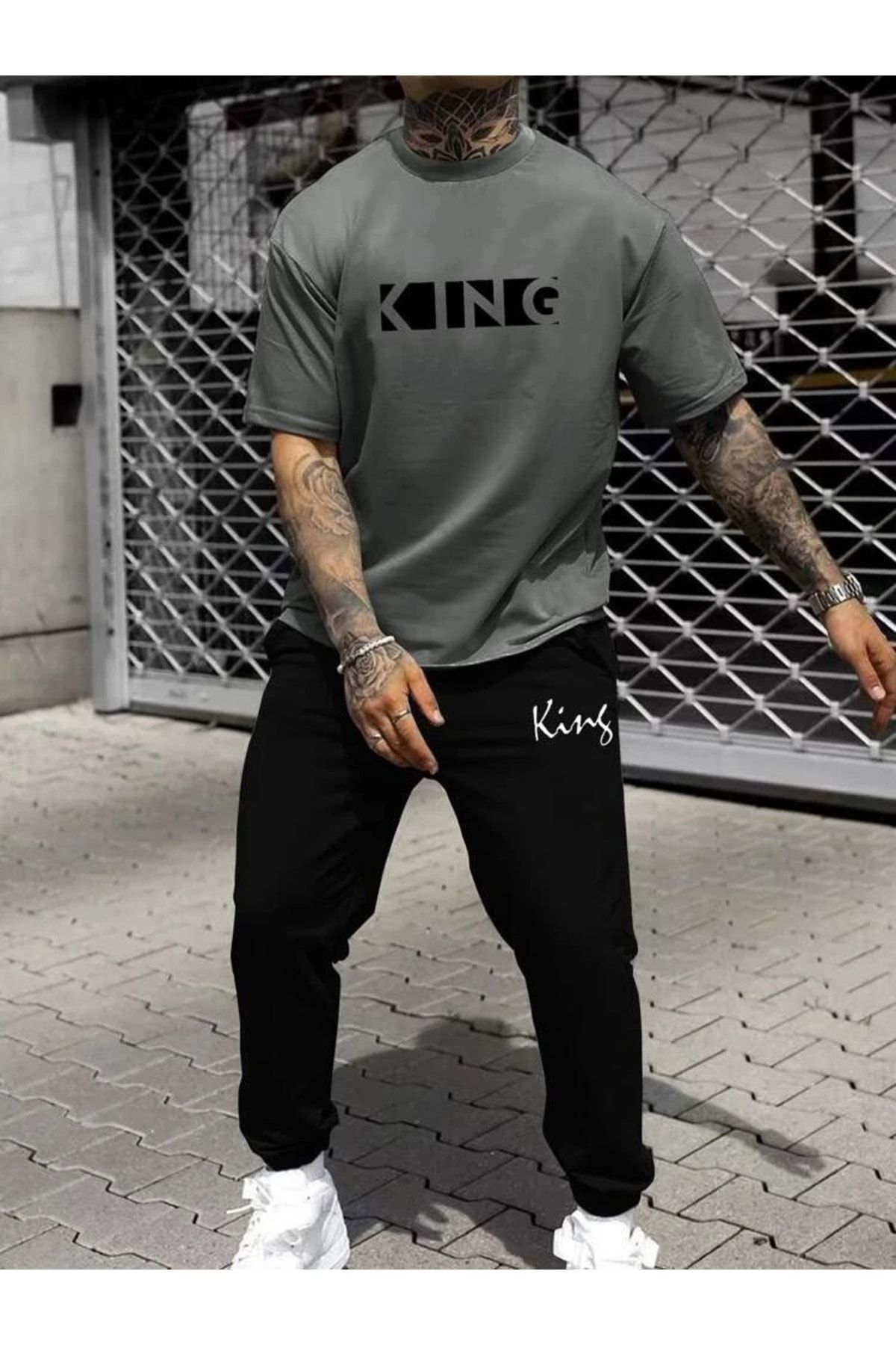 DUBU BUTİK Erkek Siyah Eşofman&füme Tişört Takımı Kıng Baskılı Oversize Unisex