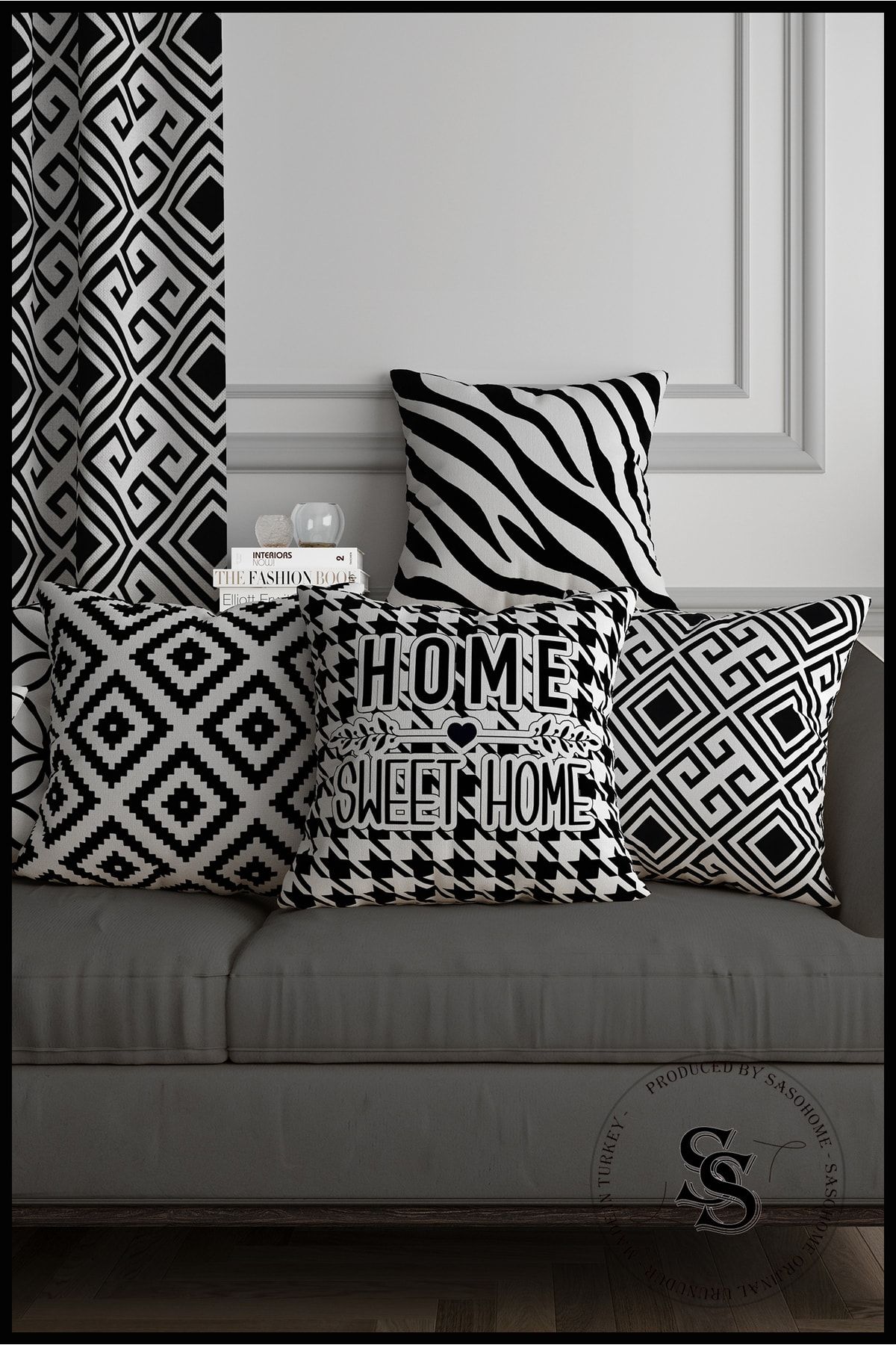 SasoHome Home Sweet Home Ve Zebra Desenli Siyah Çizgili 4lü Dijital Baskılı Kırlent Kılıfı