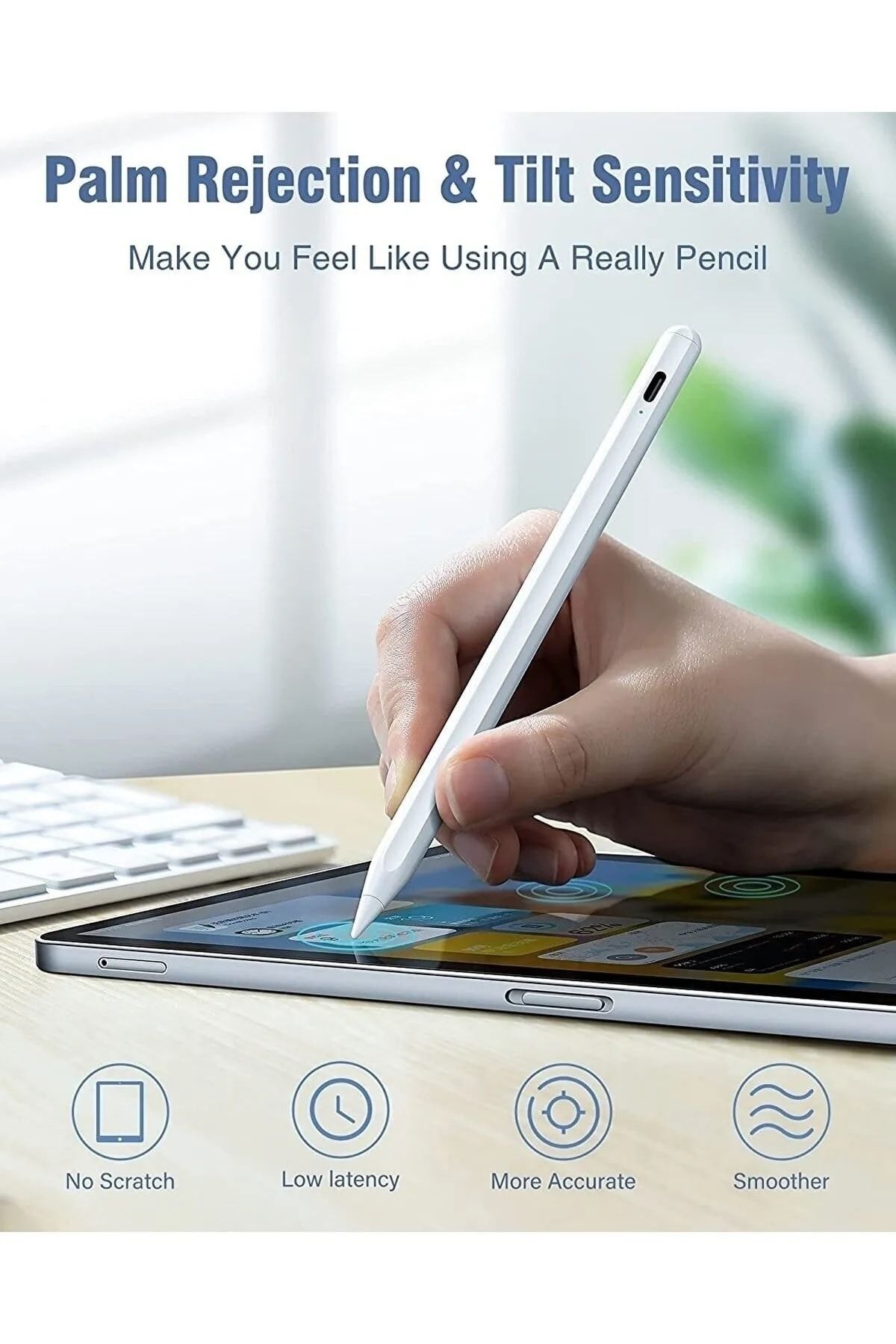 TEKNETSTORE Ipad Uyumlu Pen Palm Rejection Teknolojisi Dokunmatik Kalem Active Stylus Özel Yazı / Çizim Kalemi