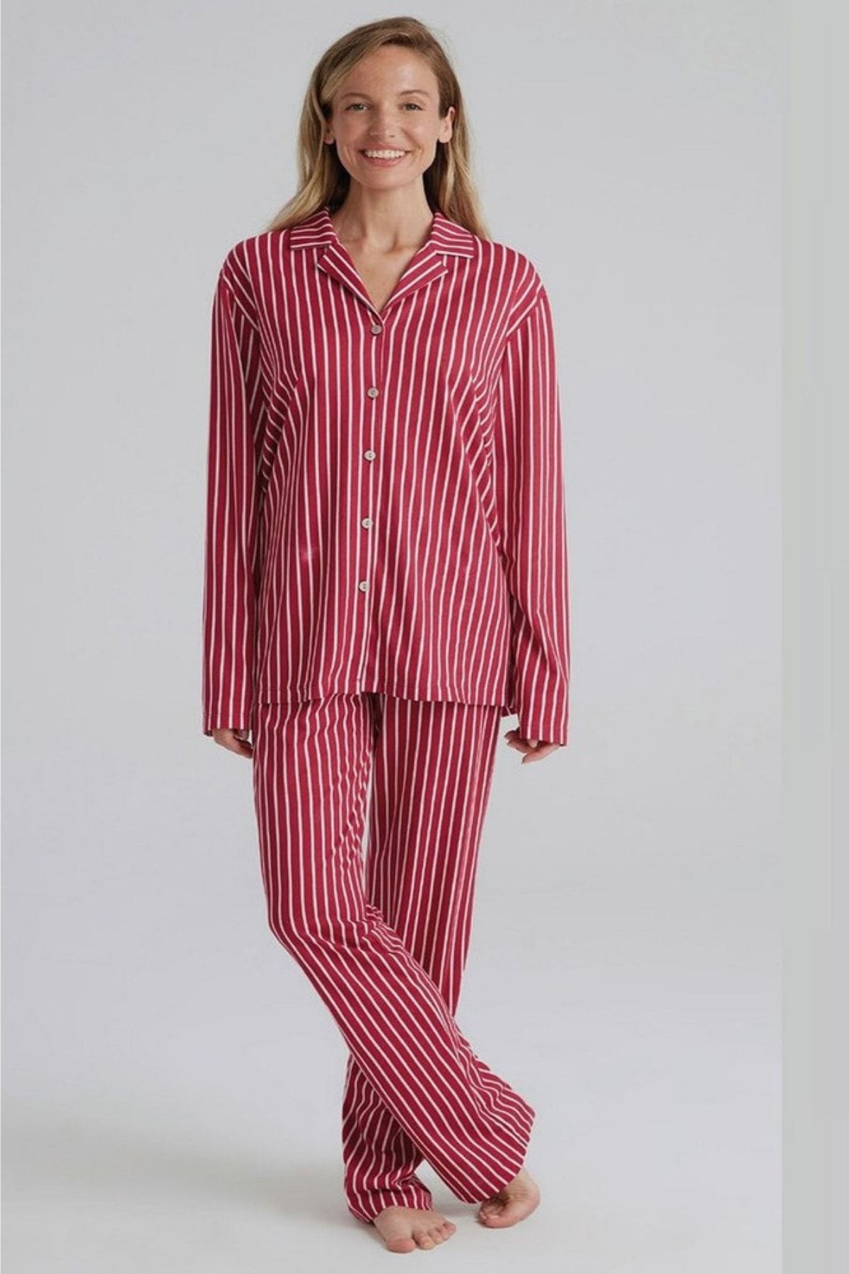 Eros Pijama Düz Çizgili Önden Düğmeli Uzun Kollu Kadın Pijama Takımı