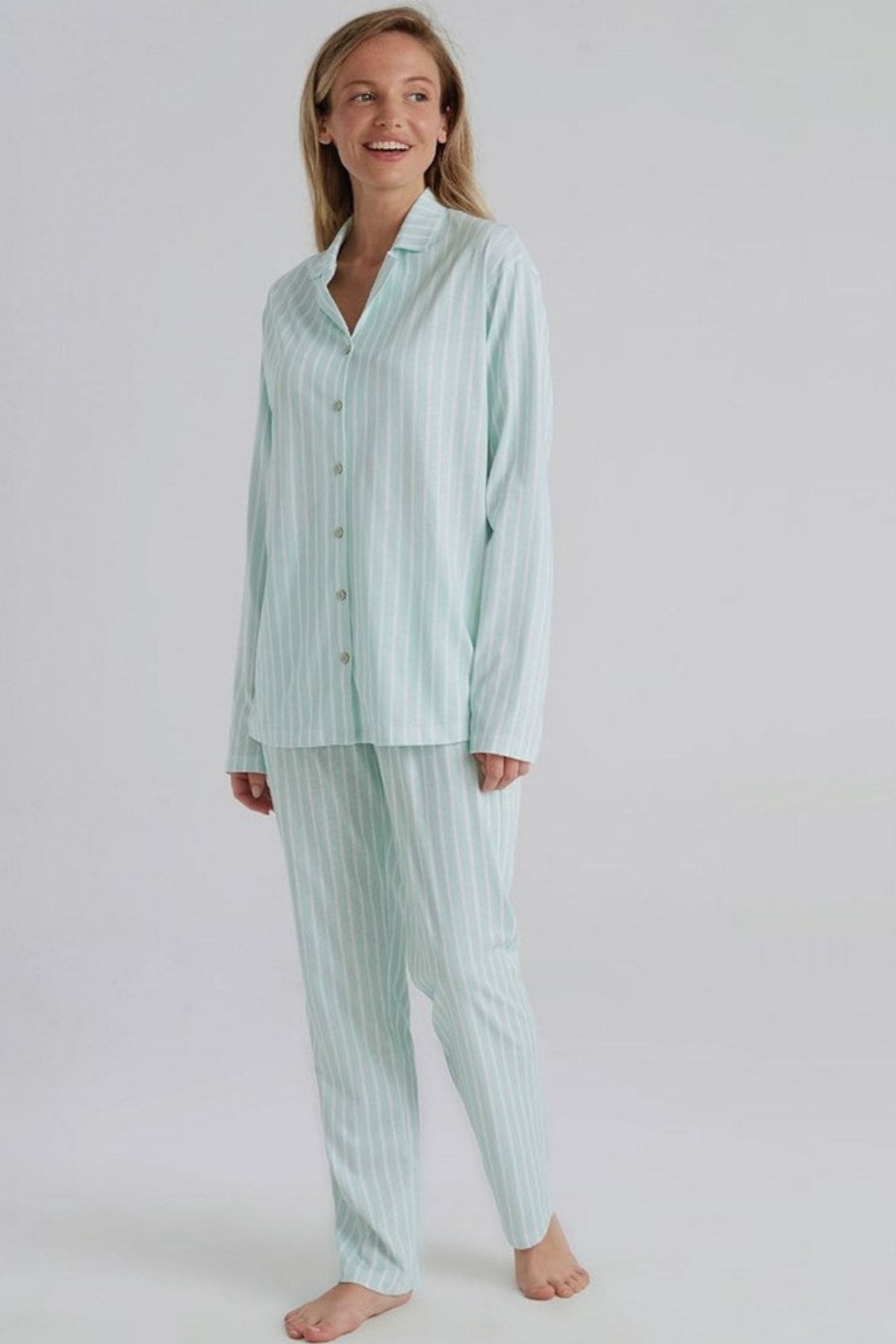 Eros Pijama Düz Çizgili Önden Düğmeli Uzun Kollu Kadın Pijama Takımı