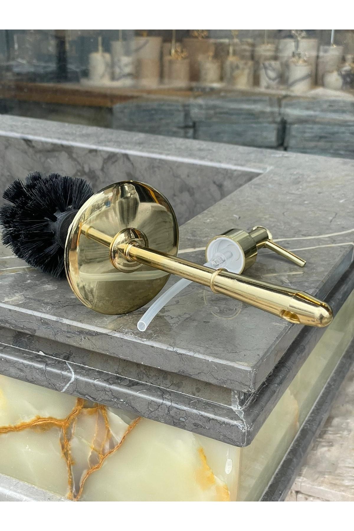 Polen Stone Mermer Banyo Setlerine Uygun / Gold Wc Fırçası Ve Sıvı Sabunluk Pompası