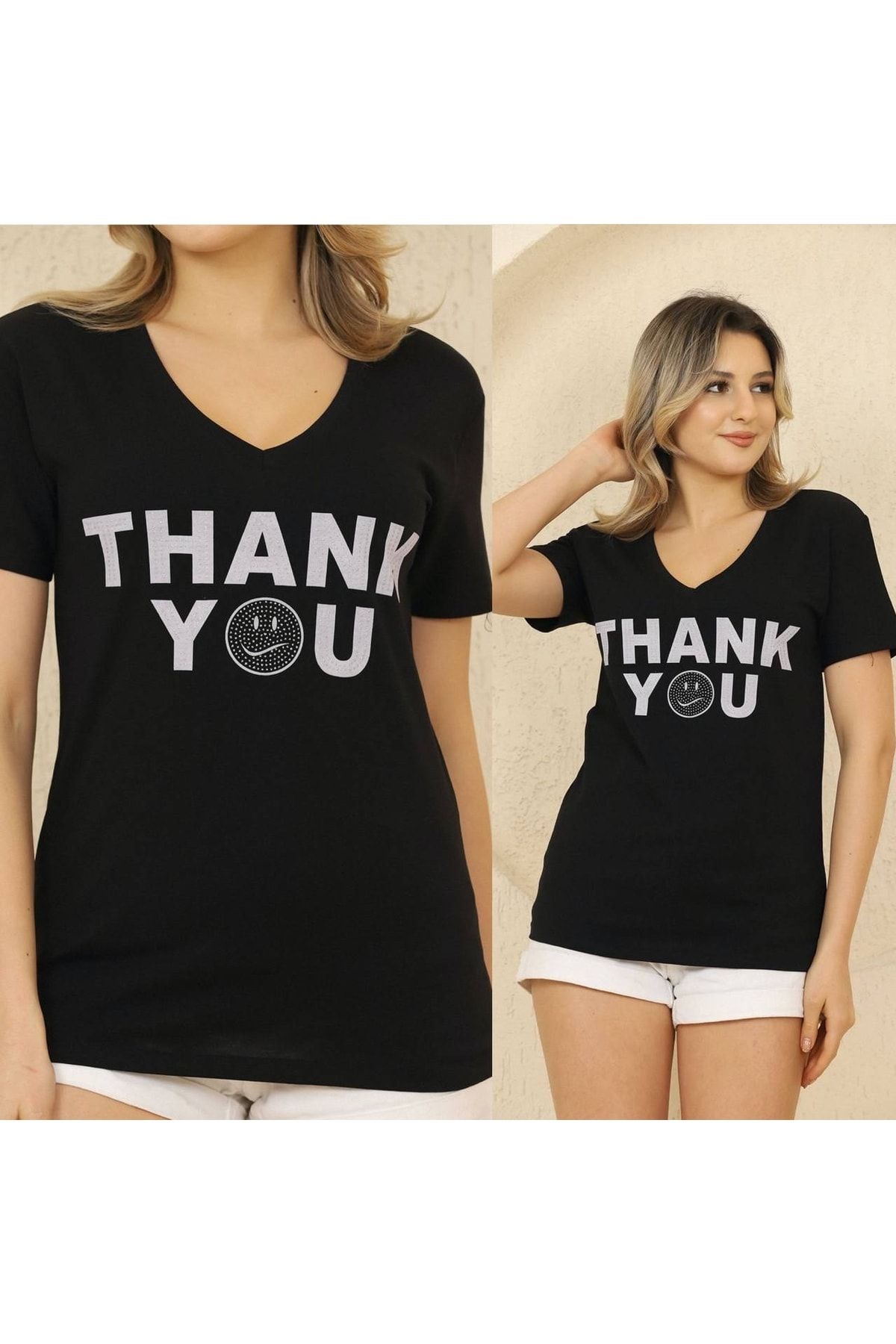 Yerli Kadın Thank You Baskılı T-shirt Yeni Season Taşlı