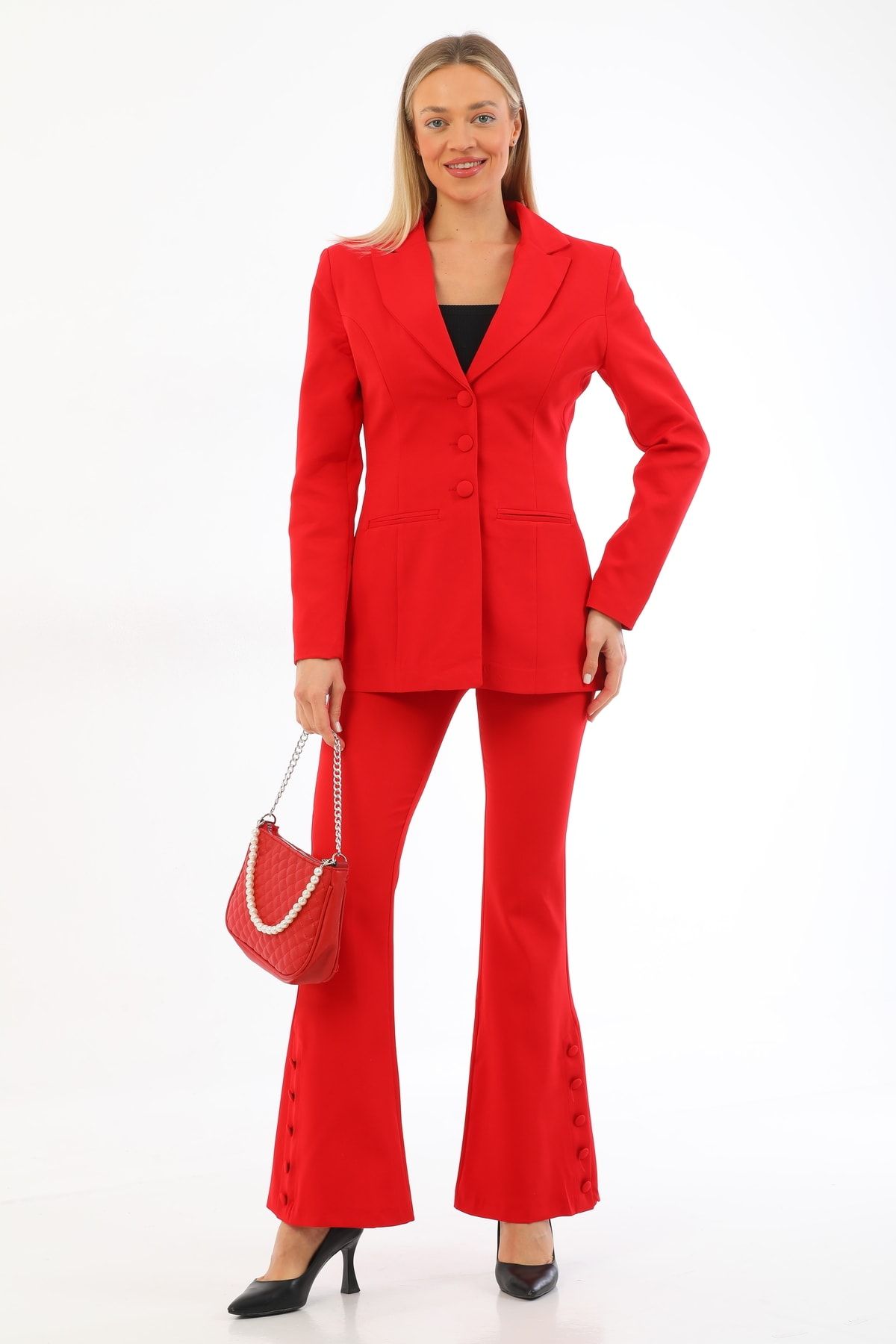 Rmz Style Kırmızı Sahte Cepli Düğmeli Blazer Ceket Kemerli Ispanyol Paça Düğmeli Esnek Pantolon Takım Elbise