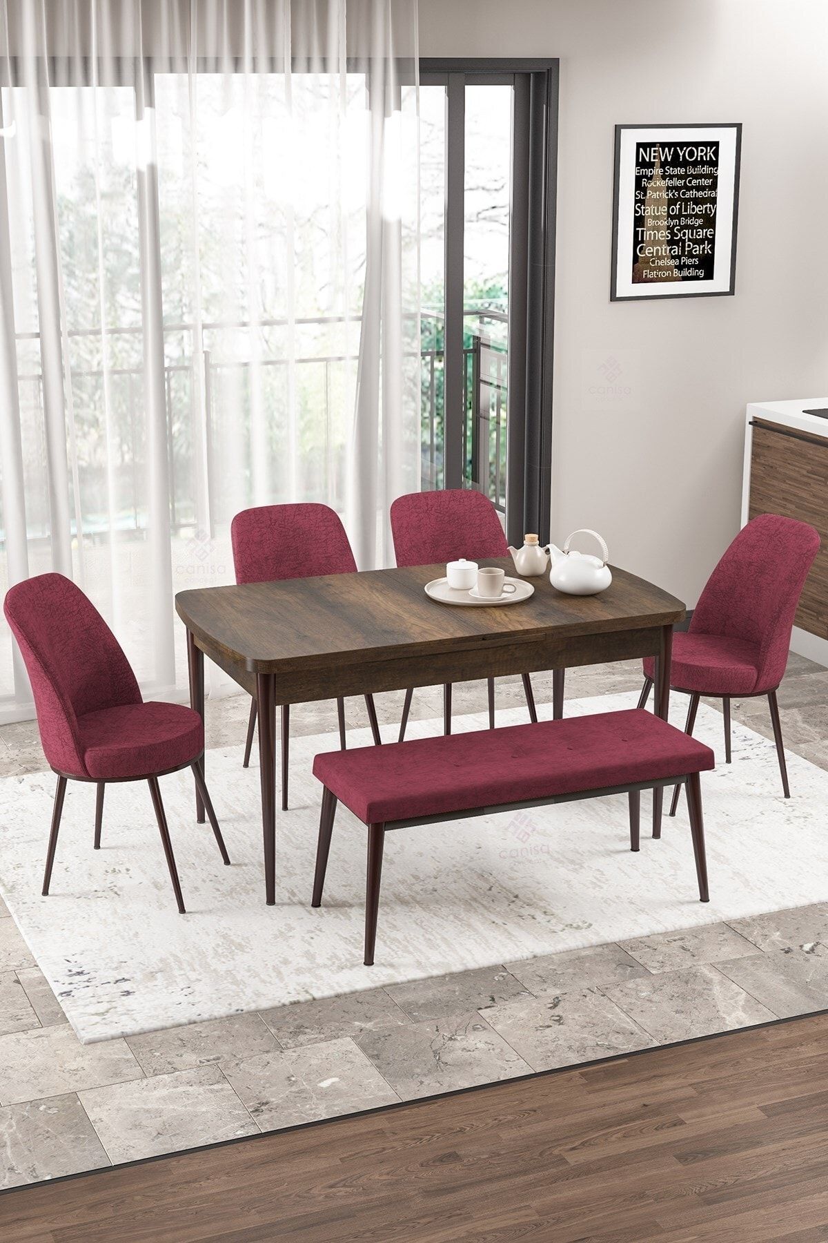 Canisa Concept Via Serisi Barok Ahşap Desen Mutfak Masası Takımı 4 Bordo Sandalye,1 Pera Bench