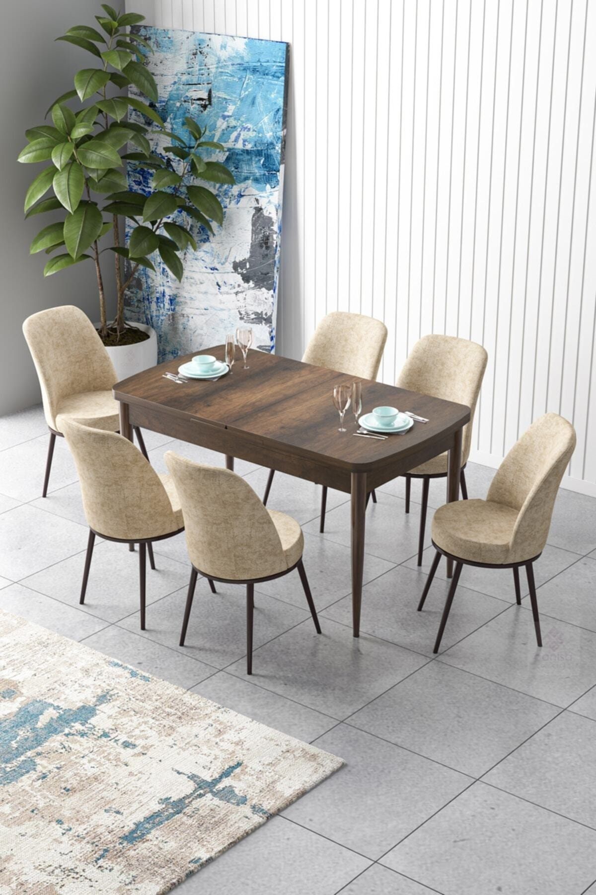 Canisa Concept Zen Serisi Mdf Açılabilir Mutfak Masa Takımı-barok Masa+ 6 Krem Sandalye