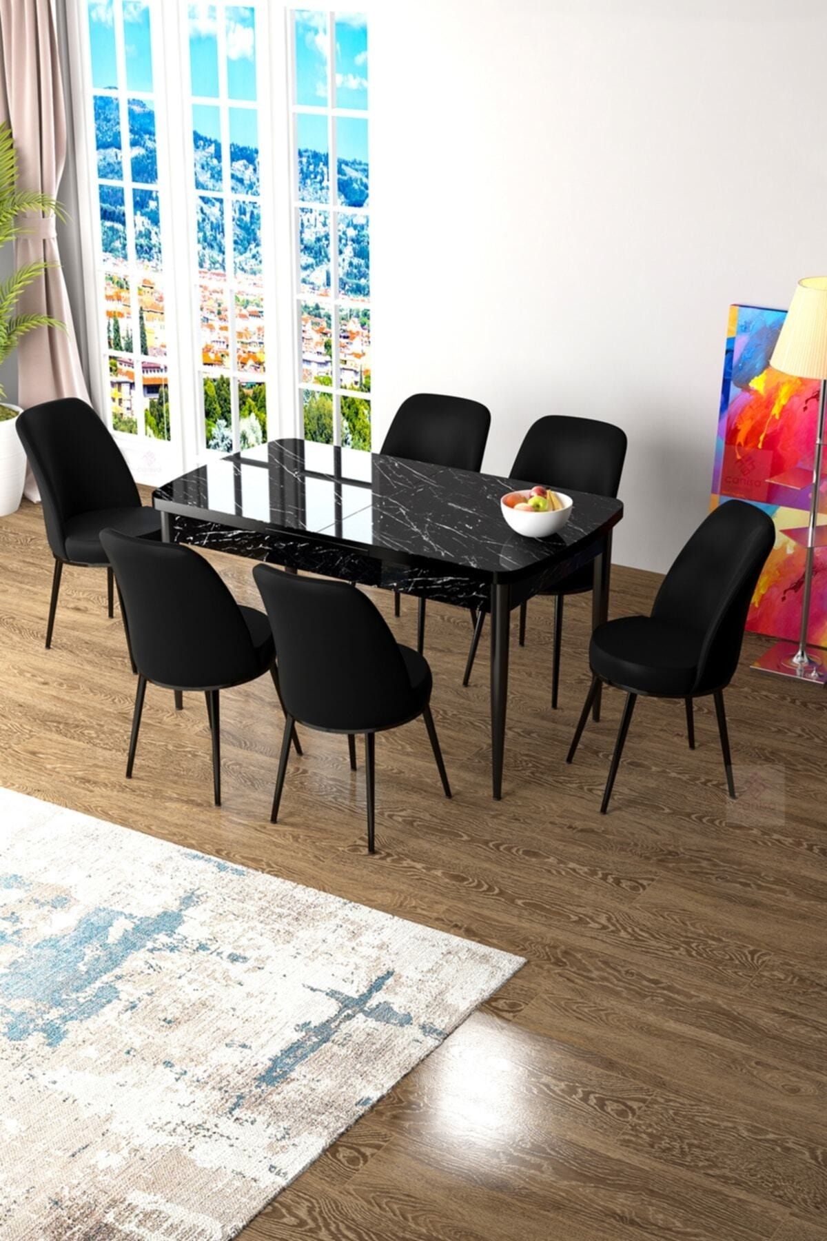 Canisa Concept Zen Serisi Mdf Açılabilir Mutfak Masa Takımı-siyah Masa+ 6 Siyah Sandalye