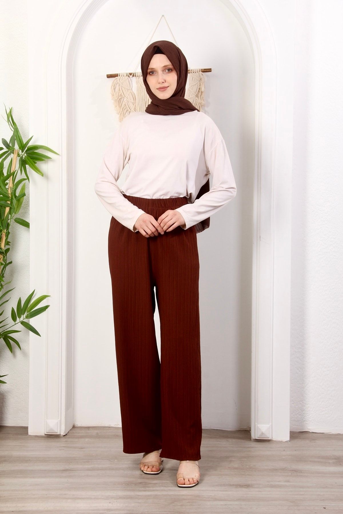 Space Fashion Beli Lastikli Etekli Pantolon Yazlık Rahat Geniş Gofre Kumaş