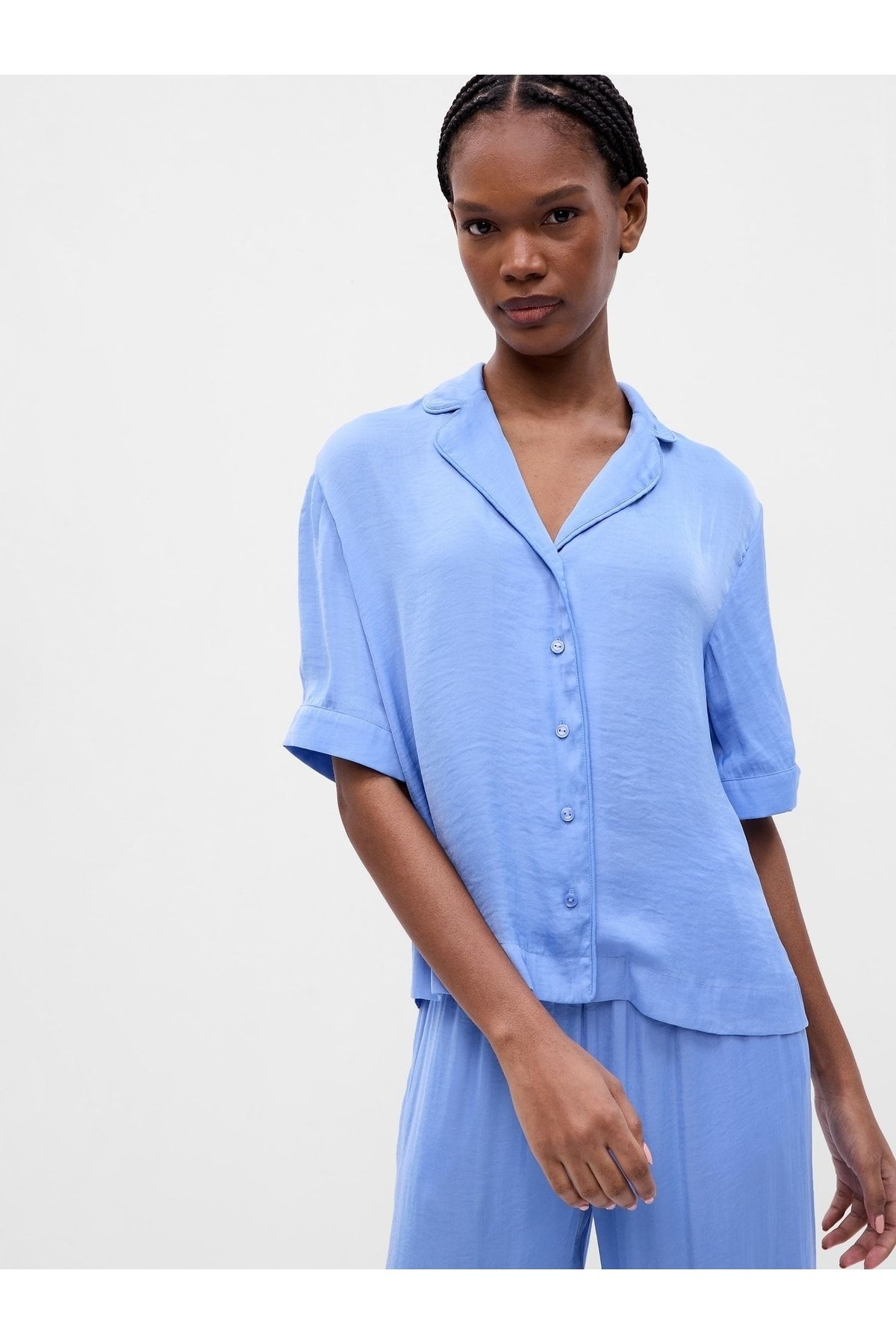 GAP Kadın Mavi Saten Pijama Gömlek