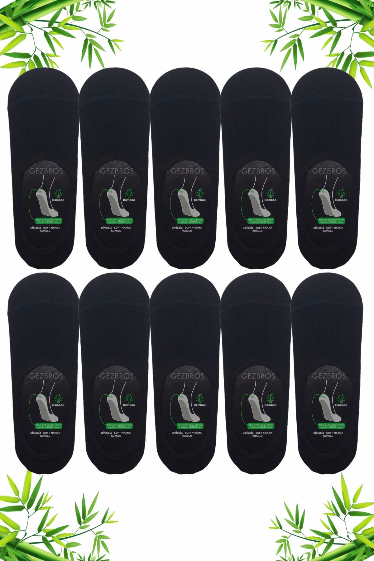 GezBros 10 Çift Siyah Renk Bambu Silikonlu Erkek Babet Çorap