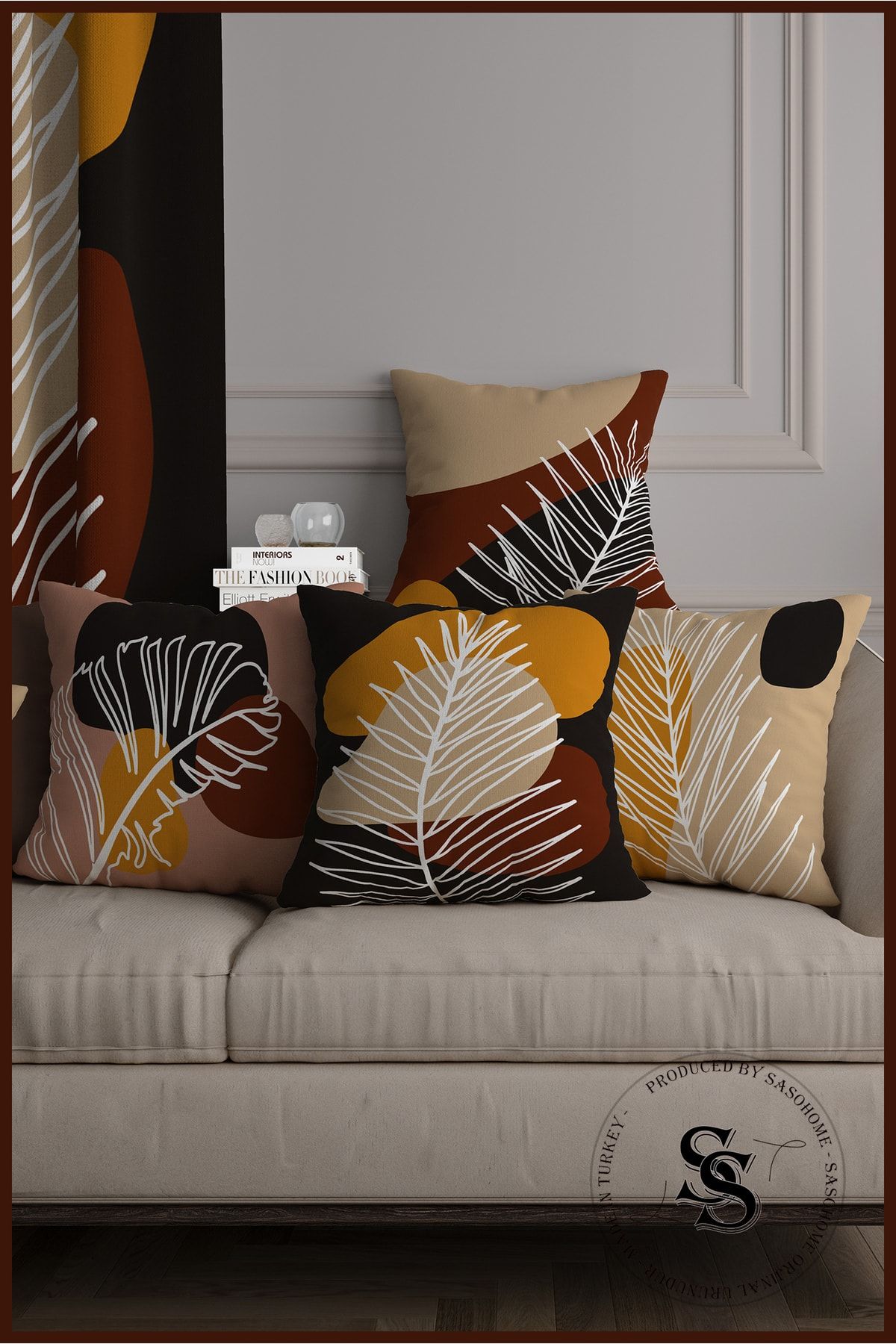 SasoHome Modern Pastel Zemin Üzerine Palmiye Yaprakları Desenli 4lü Dijital Baskılı Kırlent Kılıfı