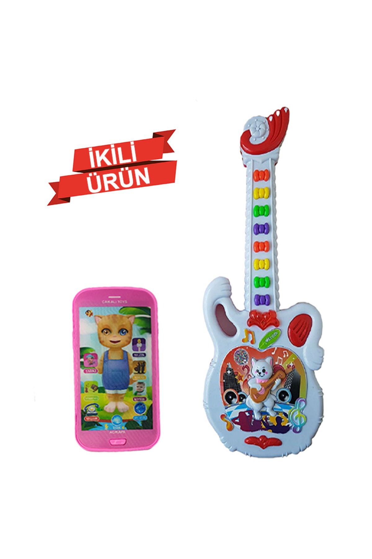 Can Ali Toys 2 Ürün Bir Arada Işıklı Sesli 40 Cm Gitar Işıklı Sesli Dokunmatik Kedili Telefon Set