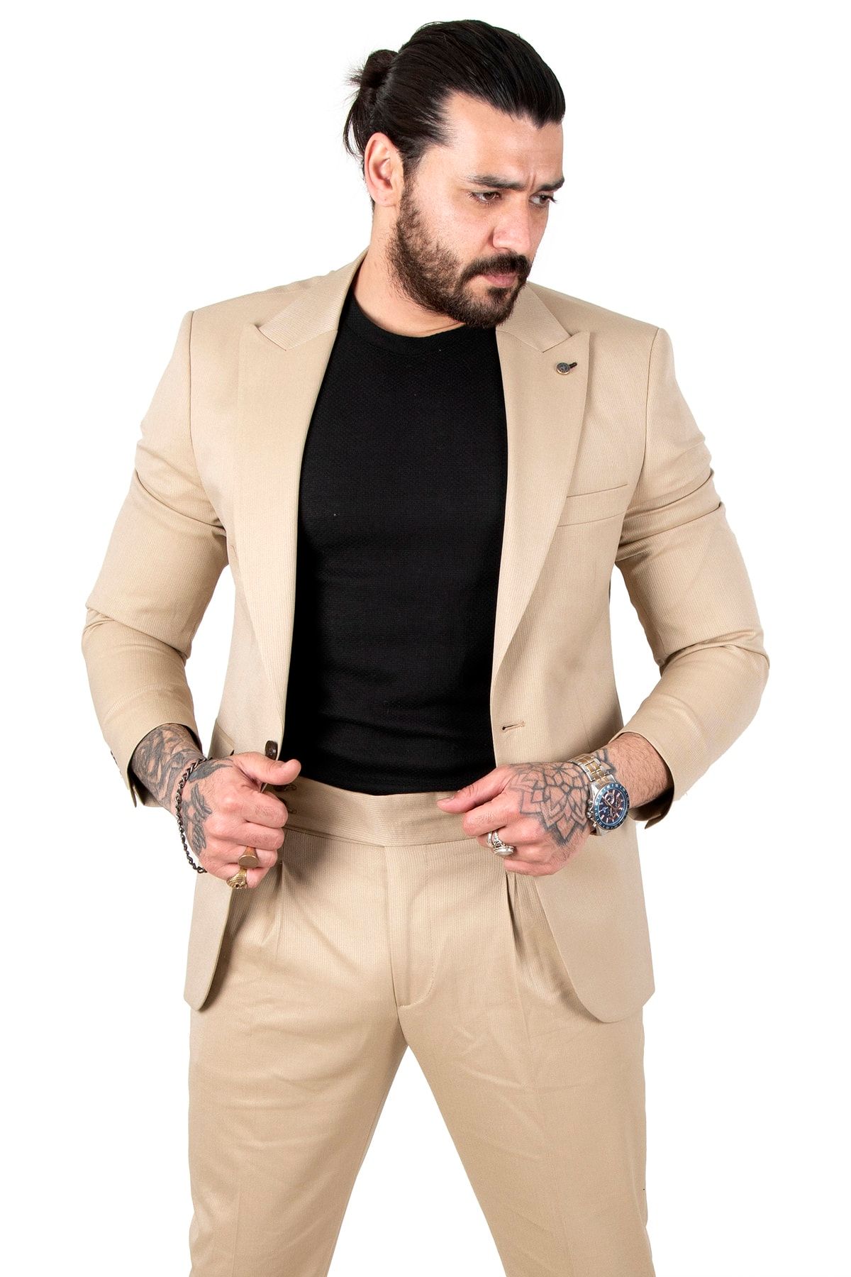 DeepSea Erkek Bej Çizgi Desenli Pile Detaylı Cep Kapaklı Kırlangıç Yaka Slim Fit Takım Elbise 230182