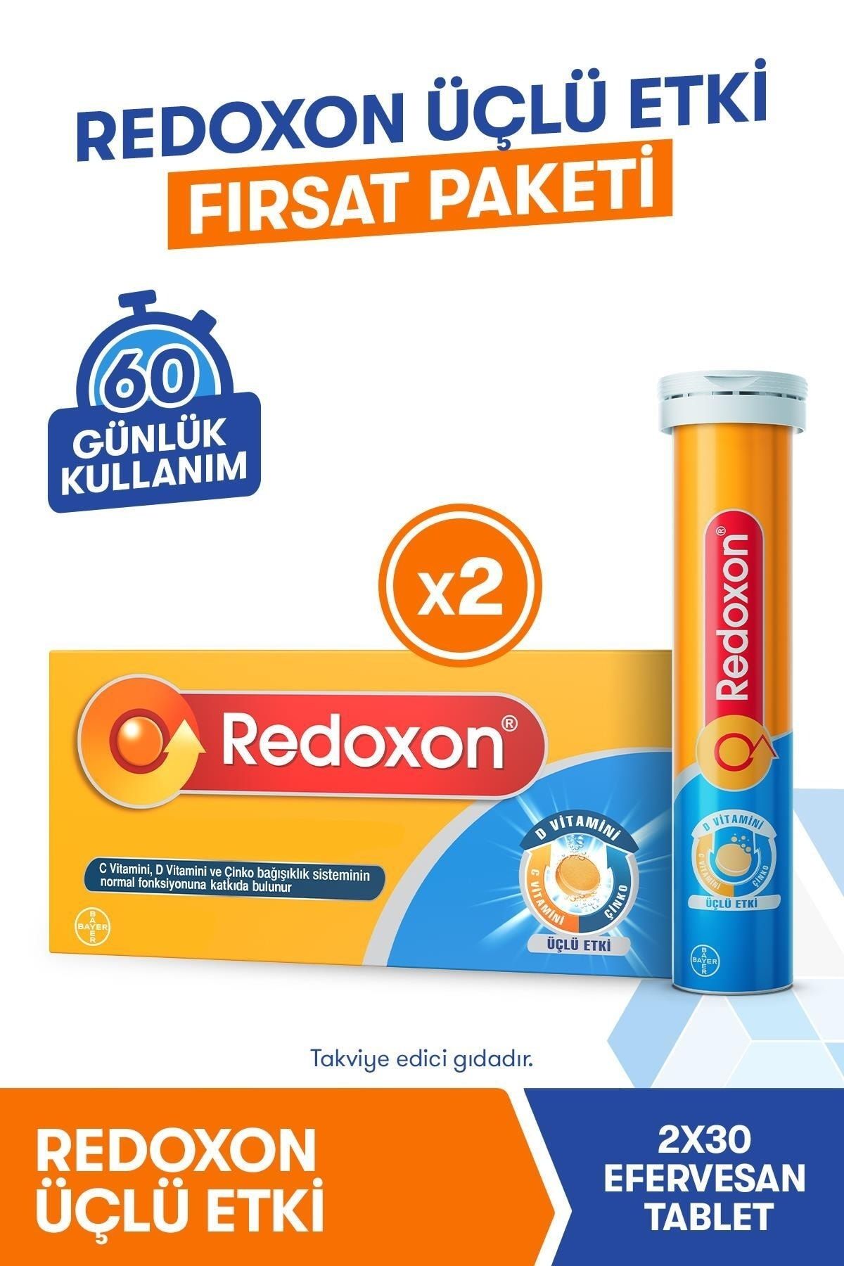 Redoxon Üçlü Etki 2x30 Efervesan Tablet (fırsat Paketi) I 1000 Mg C Vitamini, D Vitamini Ve Çinko Iç