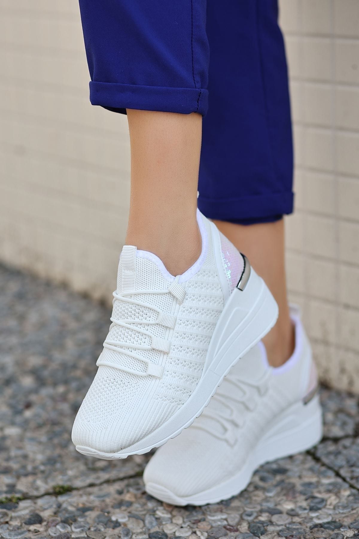 otuzbesshoes Lecce Bağcık Detaylı Triko Kadın Spor Ayakkabı Beyaz