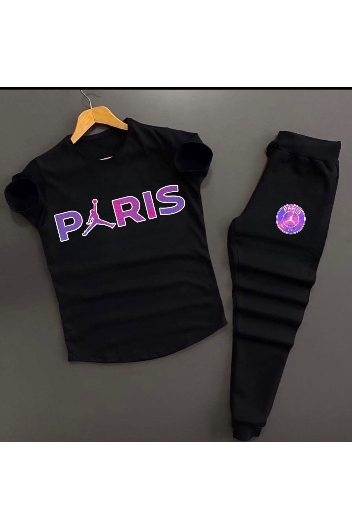 NewCabin Unisex Siyah Paris Baskılı Slim Fit Tişört- Siyah Dar Kesim Eşofman Altı Kombin Alt Üst Takım 2'li