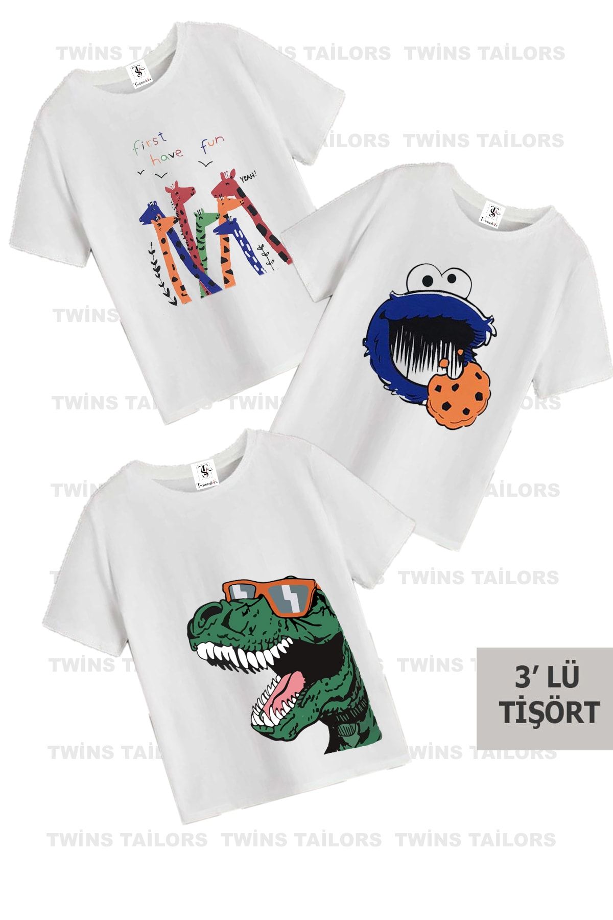 twins tailors Çocuk Dinazor Baskılı Beyaz Bisiklet Yaka 3'lü Çocuk T-shirt Paketi