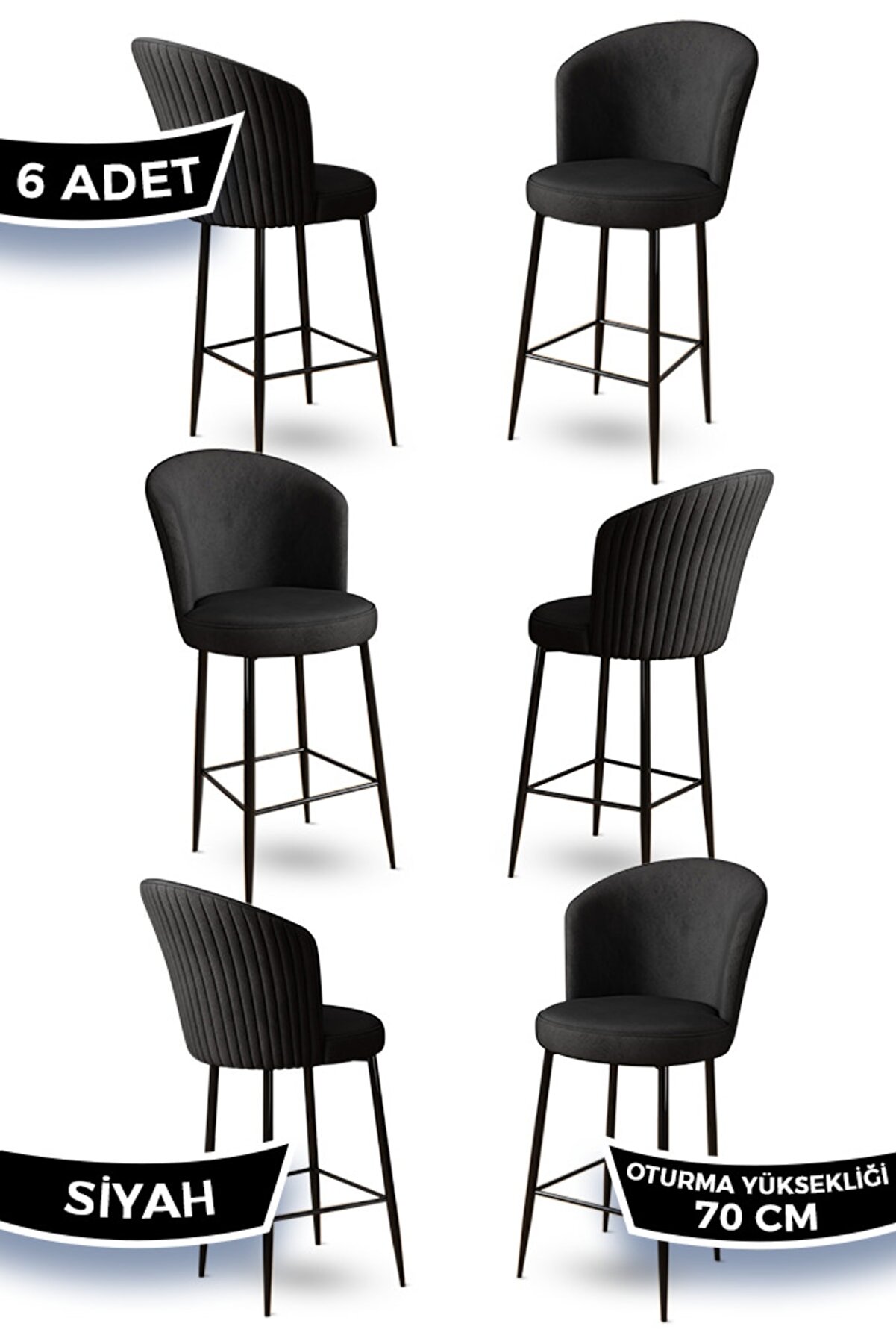 Canisa Fora Serisi 6 Adet Siyah Sandalye Ada Mutfak Bar Sandalyesi Babyface Kumaş Siyah Metal Ayak