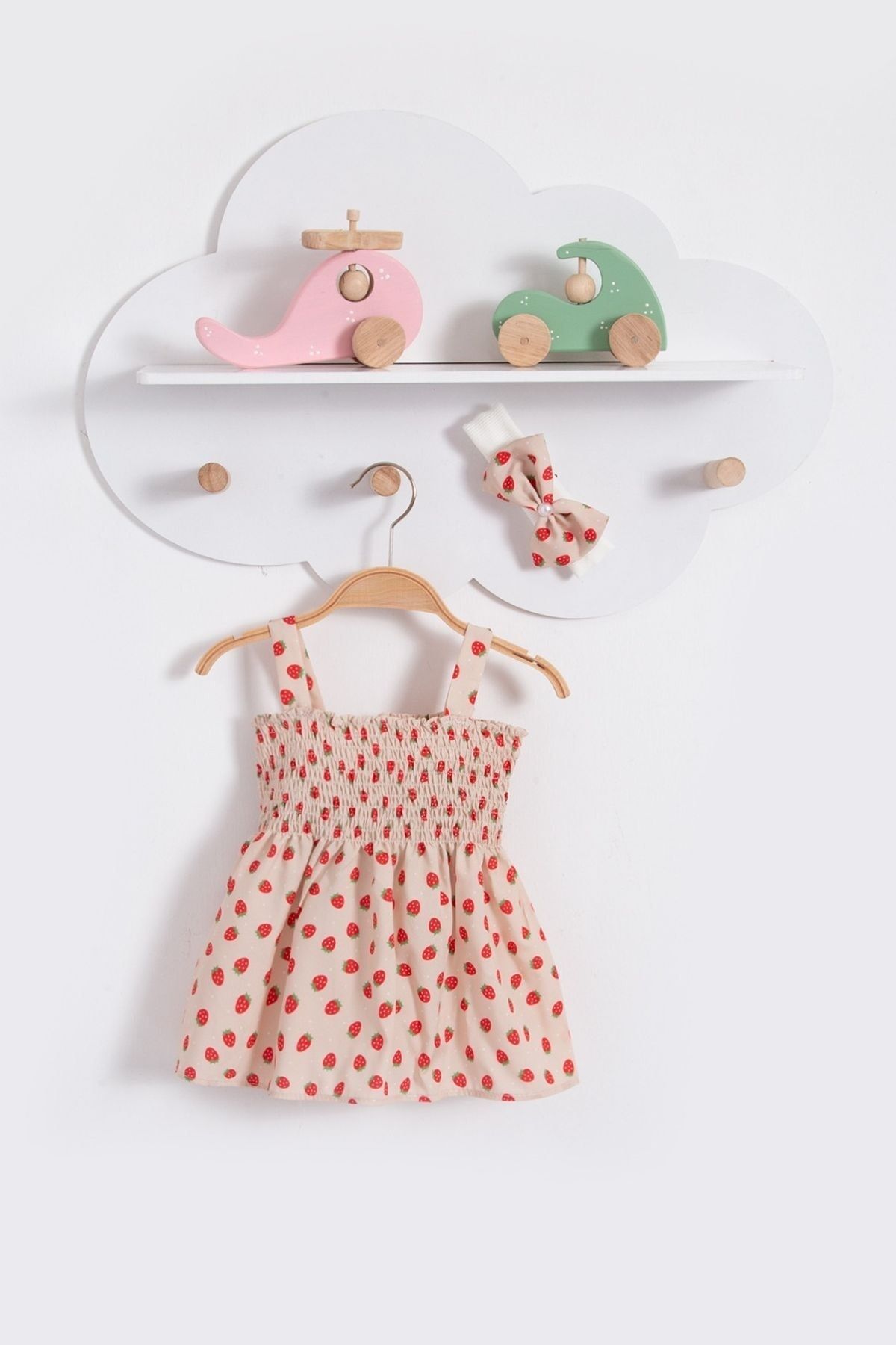 Bubito Çilek Görselli Bandanalı Yazlık Kız Bebek Elbisesi-bej