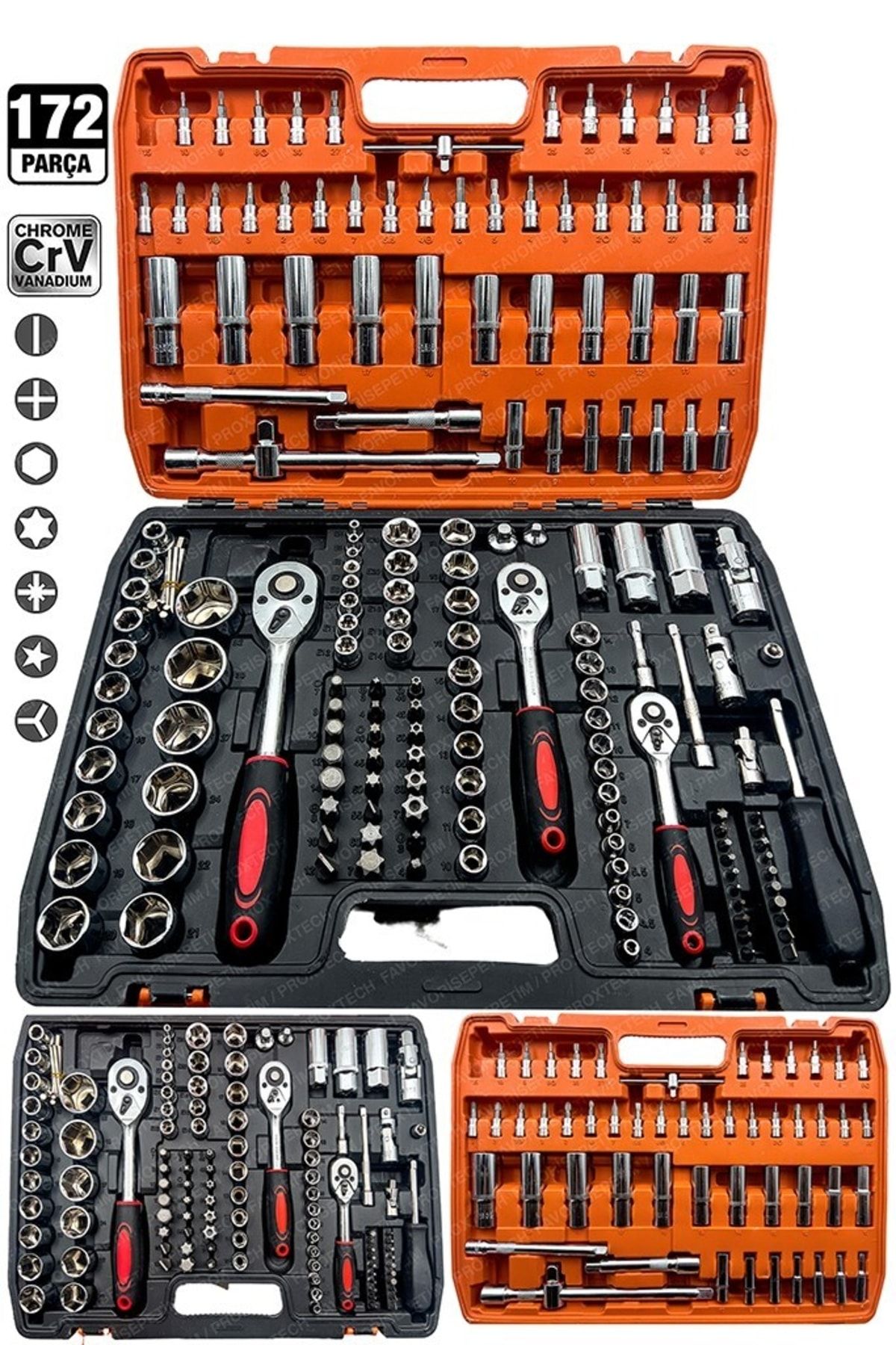 PROXTECH Profesyonel Mekanik Krom Çelik 172 Parça 1/2-3/8-1/4 Profesyonel Lokma Takımı Seti