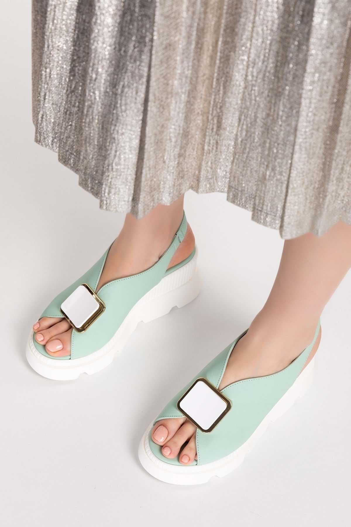 Gondol Kadın Hakiki Deri Dolgu Topuklu Platformlu Sandalet Şk.5170 - Mint - 40