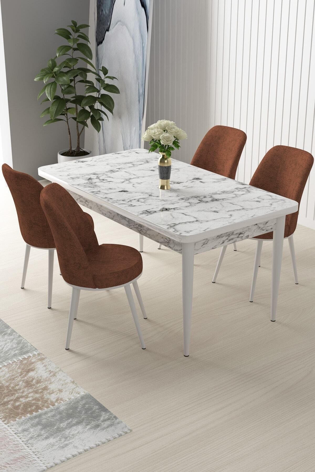 Canisa Concept Nil Serisi Beyaz Mermer Desenli Sabit Mutfak Masa Takımı +4 Adet Kiremit Sandalye