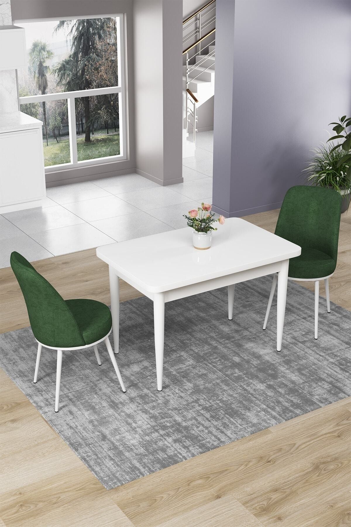 Canisa Concept Nil Serisi Beyaz Sabit Mutfak Masa Takımı +2 Adet Haki Yeşili Sandalye