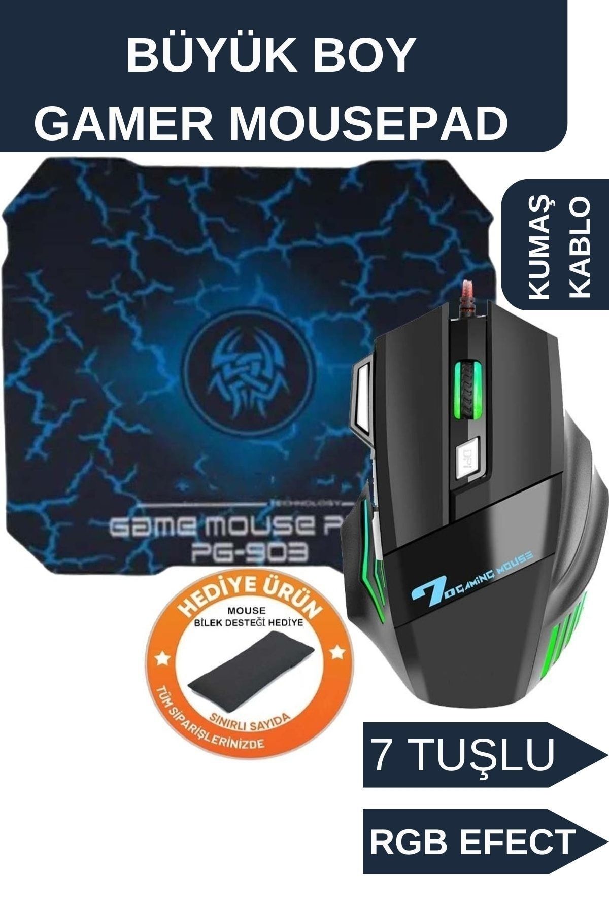 Zineets X7 3200 Dpi Usb Kablolu Mavi Siyah Gaming Optik Işıklı Rgb Mouse Ve Oyuncu Mousepad Seti 7 Tuşlu