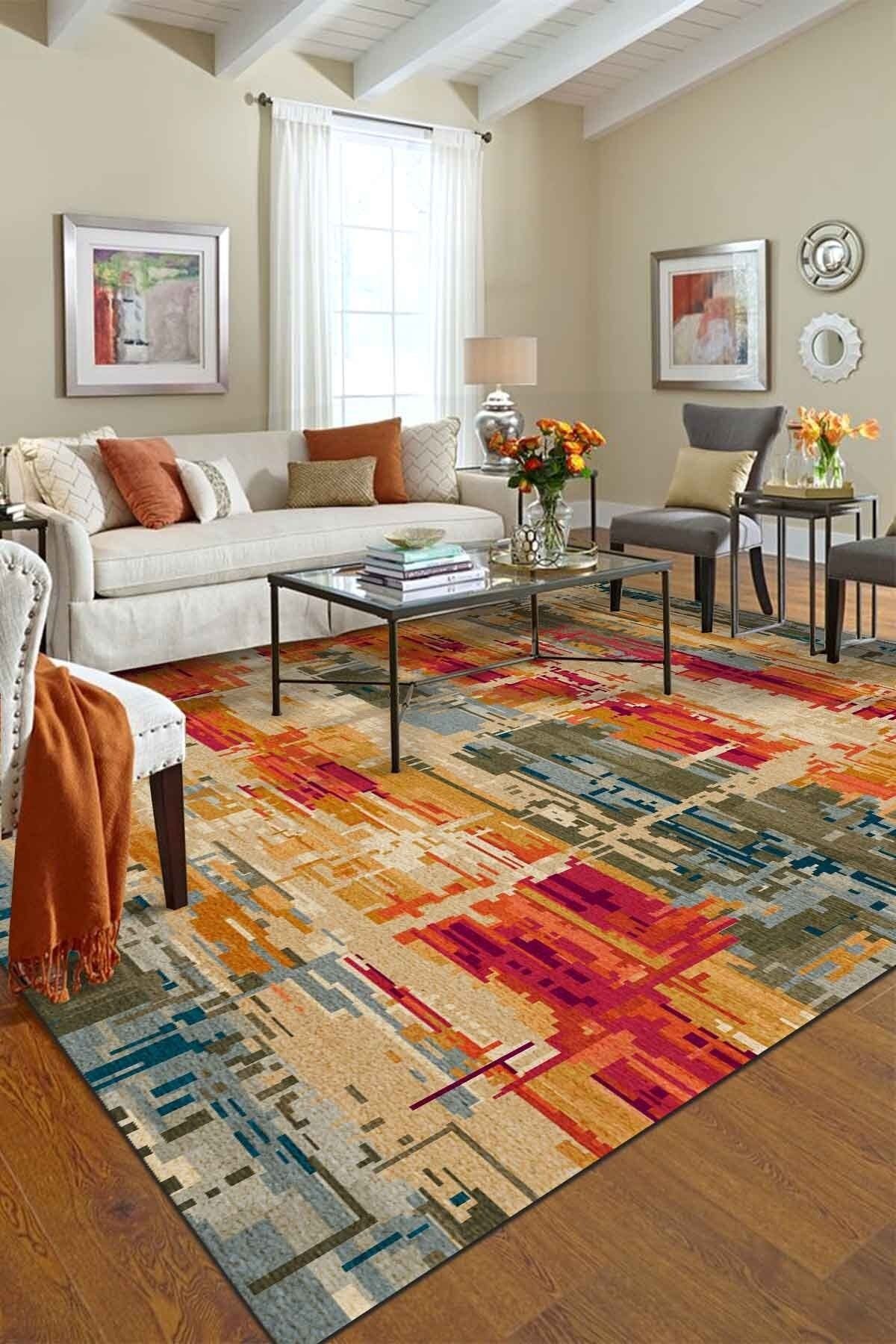 AIDA HOME Ocımum Kadife Patchwork Desenli Pamuk Tabanlı Yıkanabilen Kaydırmaz Antibakteriyel Salon Halısı