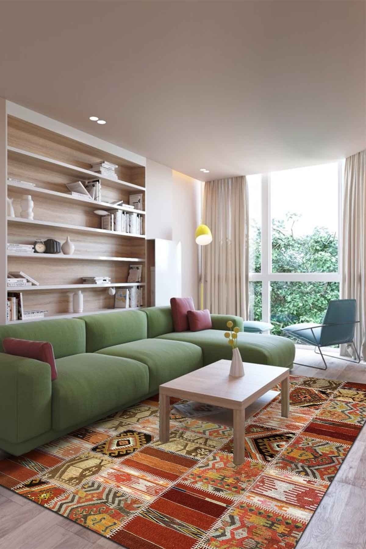 AIDA HOME Carnosa Patchwork Desenli Pamuk Tabanlı Yıkanabilen Kaydırmaz Antibakteriyel Salon Halısı