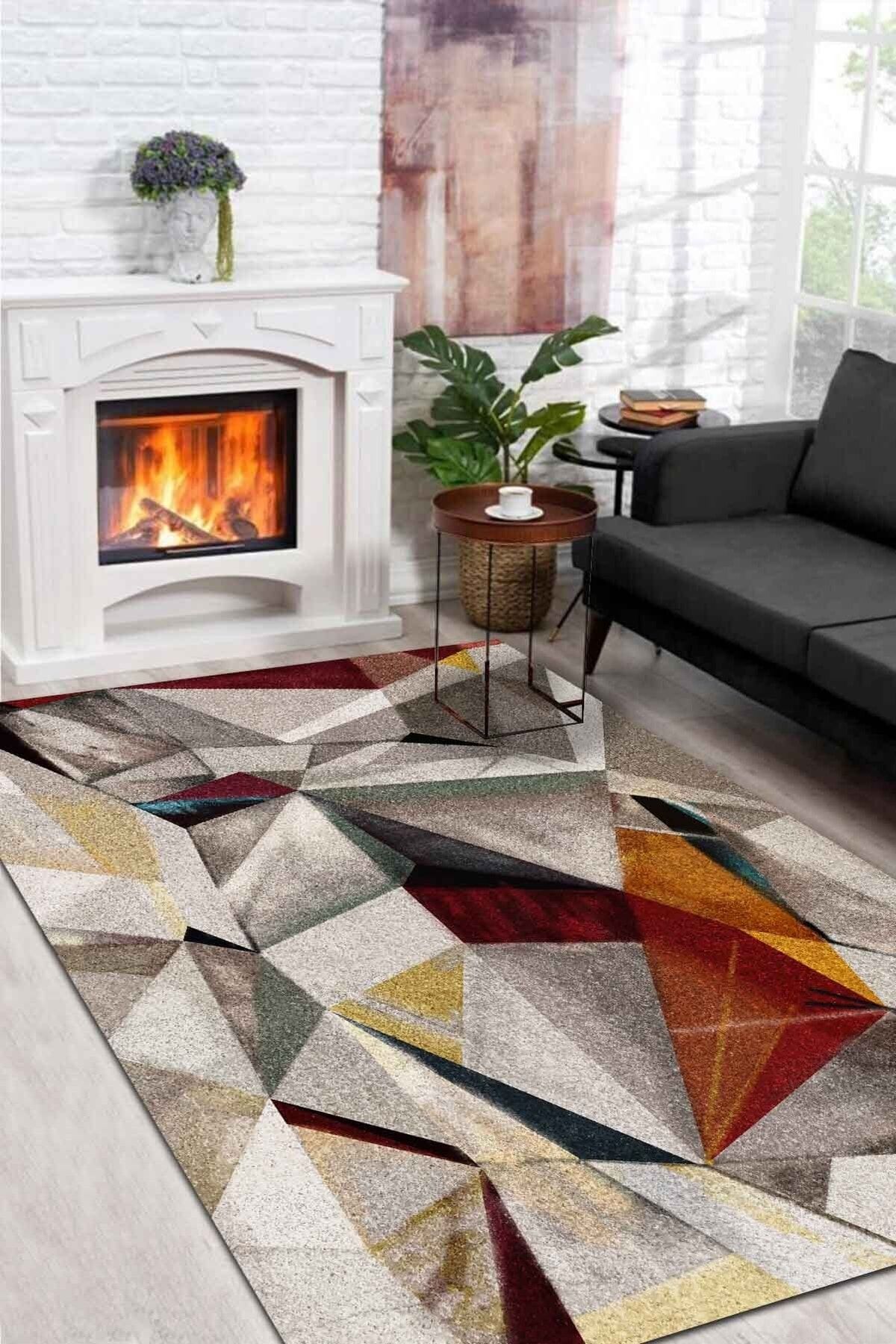 AIDA HOME Boug Kadife Geometrik Desenli Pamuk Tabanlı Yıkanabilen Kaydırmaz Antibakteriyel Salon Halısı