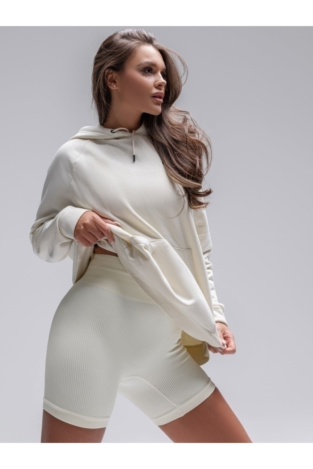 MİSTİRİK Dublin Model Biker Örme Kumaş Seamless Model Fitilli Şort Ekru Renk
