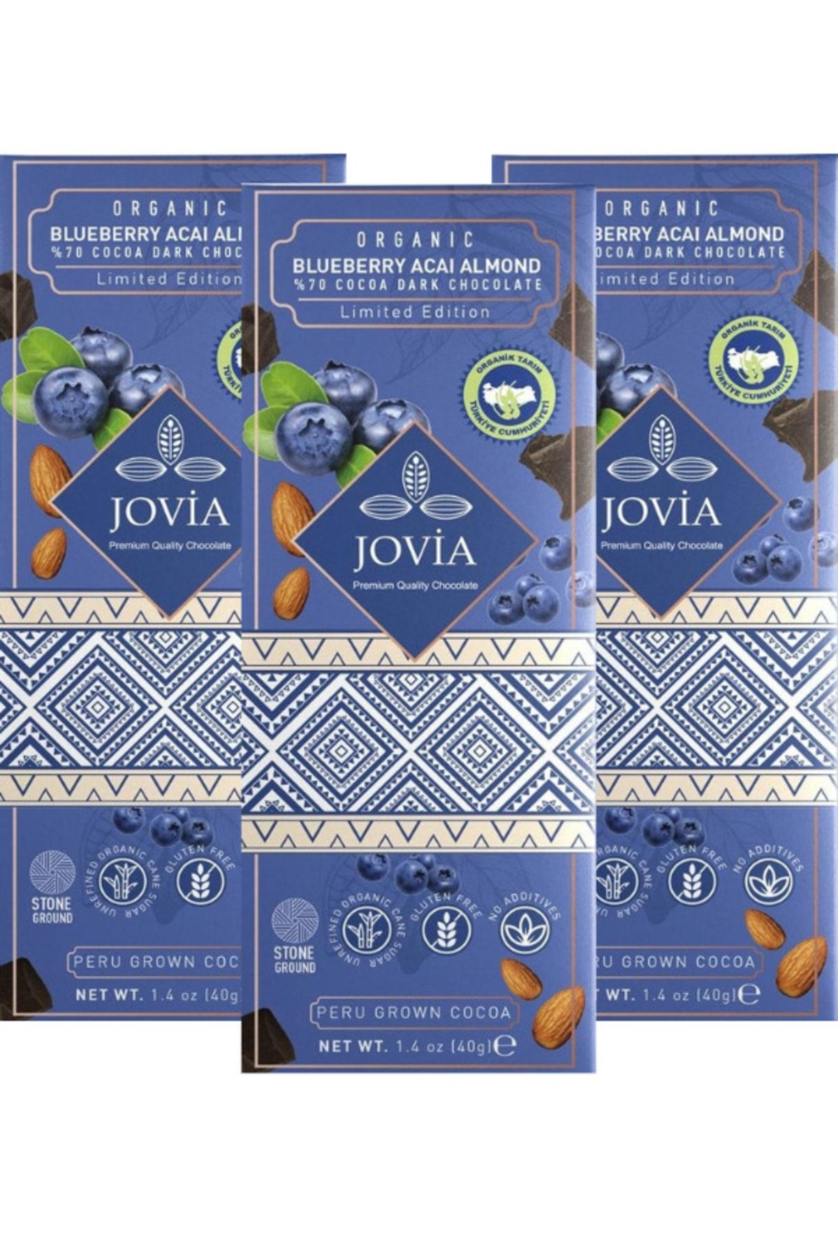 jovia premium quality chocolate Organik %70 Bitter Çikolata-yaban Mersini&badem&açai 3'lü Avantajlı Paket