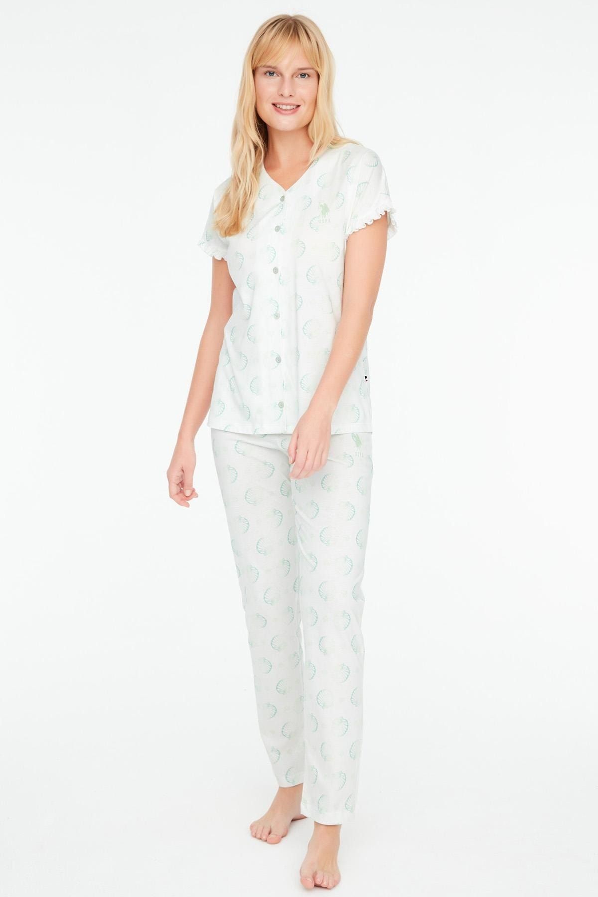 U.S. Polo Assn. Kadın Kısa Kol Önden Düğmeli Mint Pijama Takımı 1c6t8n95