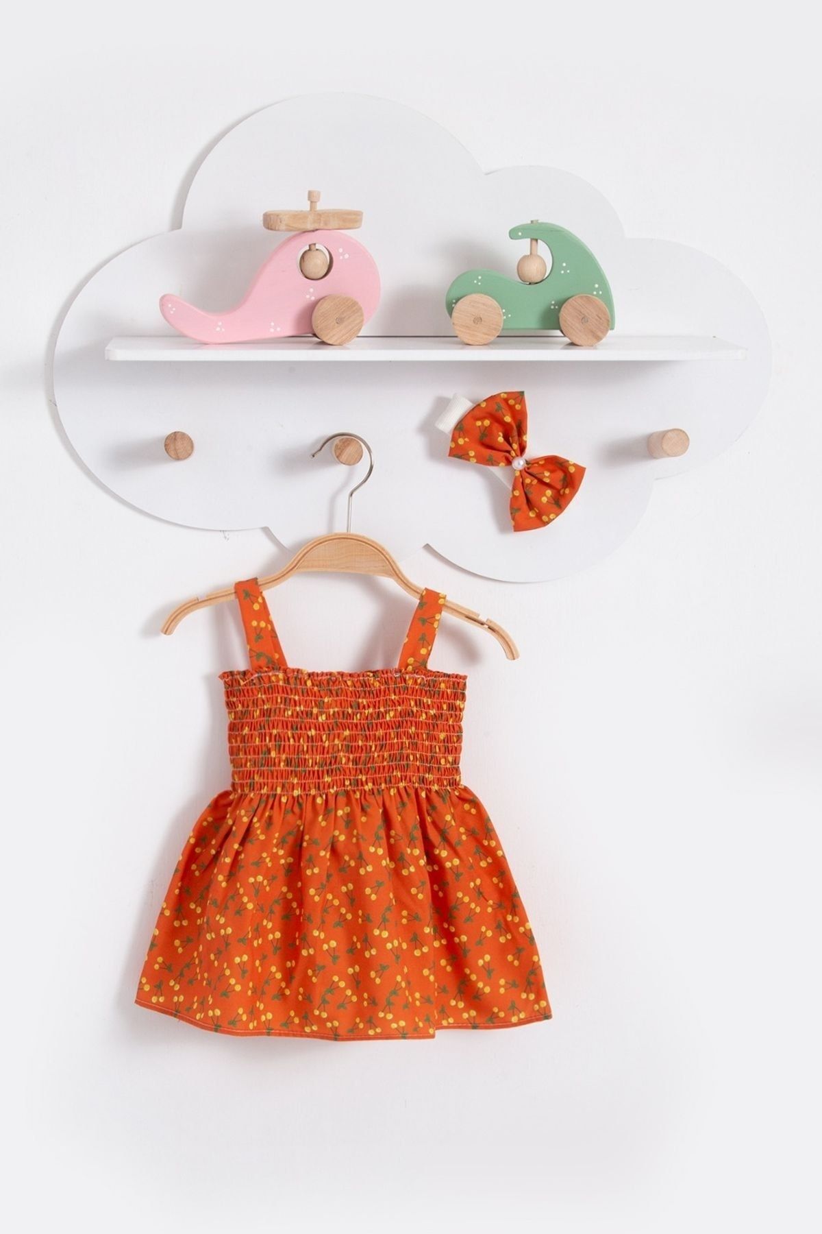 Bubito Kiraz Görselli Bandanalı Yazlık Kız Bebek Elbisesi-turuncu