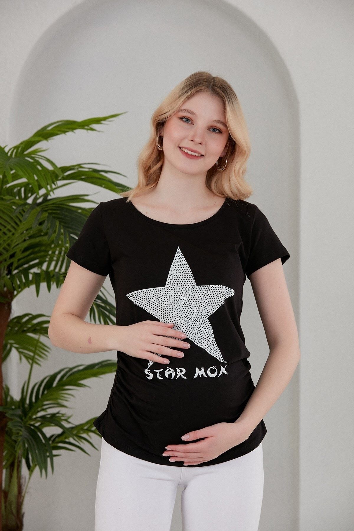 Görsin Hamile Gör&sin Yıldız Üzeri Taş Baskı Detaylı Hamile Siyah Tişört