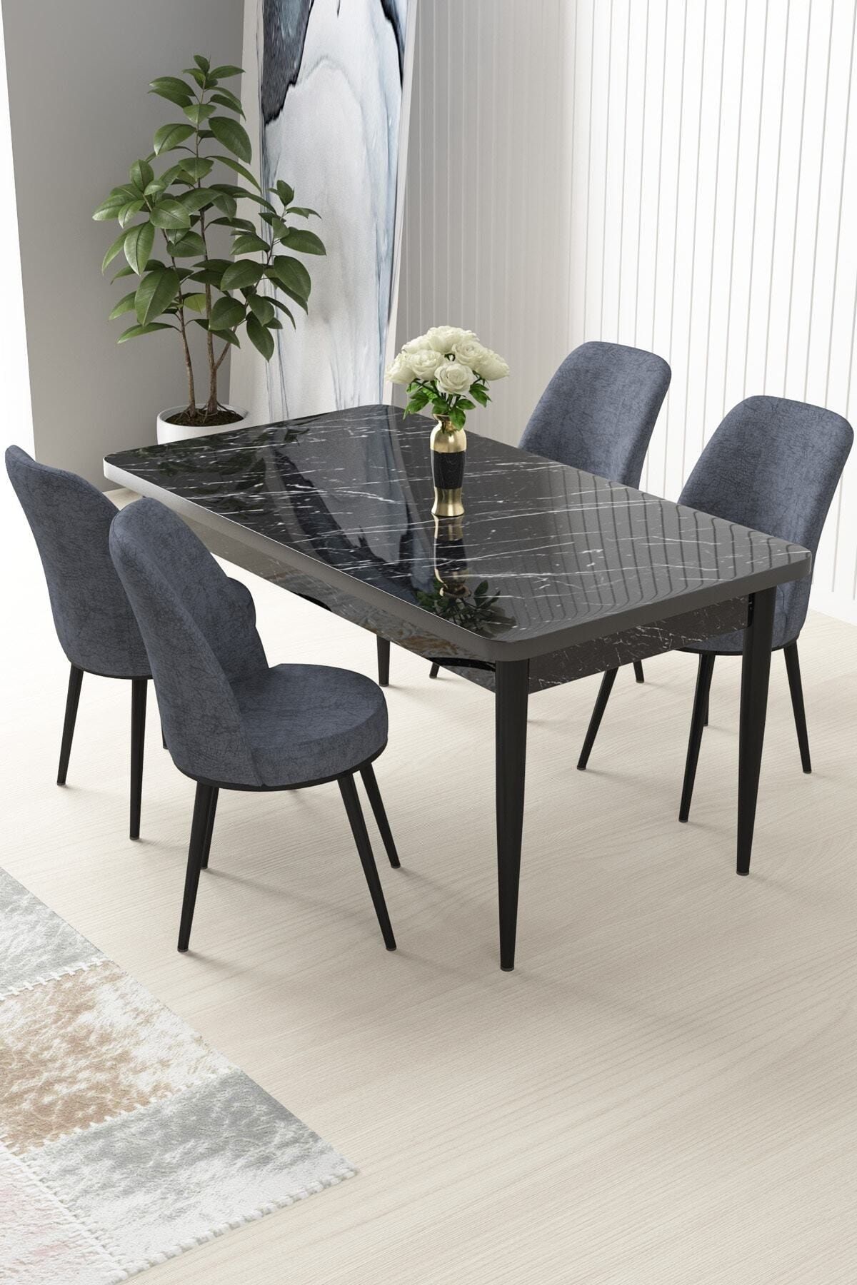 Canisa Concept Nil Serisi Siyah Mermer Desenli Sabit Yemek Masası&mutfak Masası +4 Füme Sandalye