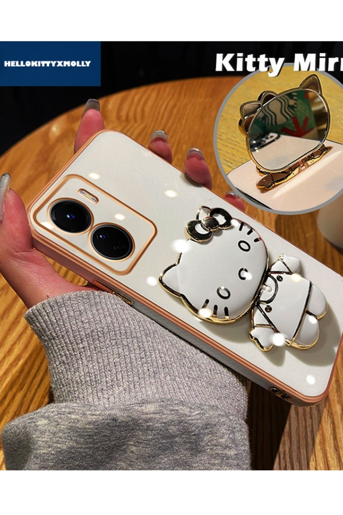 Molly Technology Vivo Y16 Için Inci Beyazı Hello Kitty Standlı Kenarları Gold Detaylı Lüks Silikon Kılıf