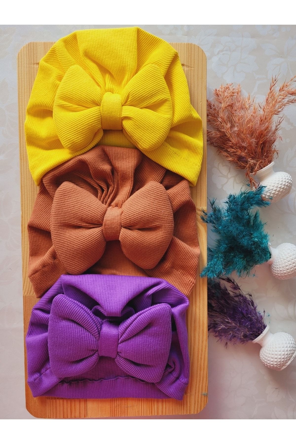 SeherBebeButik Kız Bebek & Çocuk Renkli Fiyonk Bone 3'lü Set